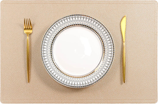 Faux Leather Gold Placemats, PU Table Mats, Set of 4, Waterproof, Heat Resistant, Non-Slip, Easy to Clean for Kitchen Dining Table,Conference Table