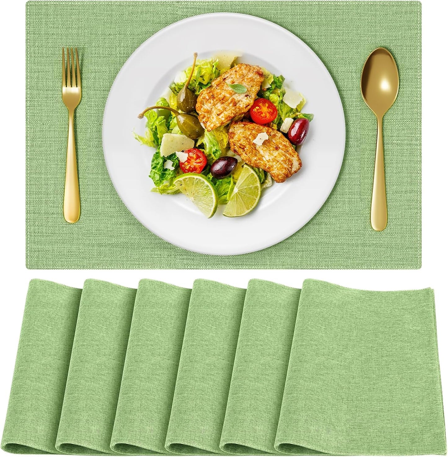 Cloth Placemats, Set of 6 Heat-Resistant Cotton Linen Blend Double Layered Machine Washable Place Mats, Wrinkle Free Thick Fabric Dining Table Mats for Indoors & Outdoors (Grass Green, 6)