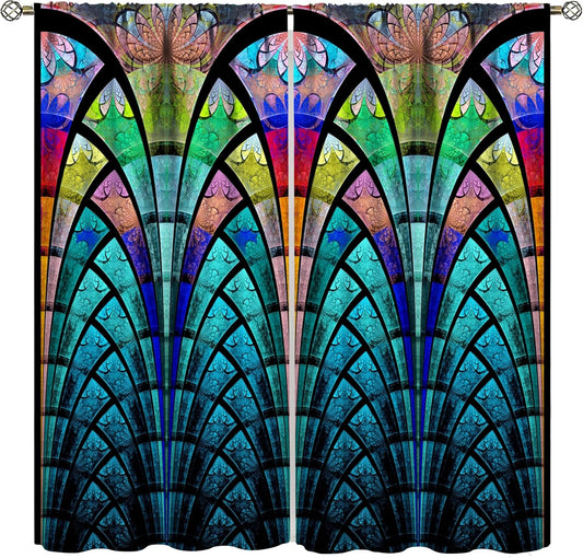 Stained Glass Curtains,Retro Design Style Colorful Abstract Art Home Decor Drapes for Bedroom Living Room Kitchen Window Treatment 2 Panels Set Total Size 52" W X 84" L Inch