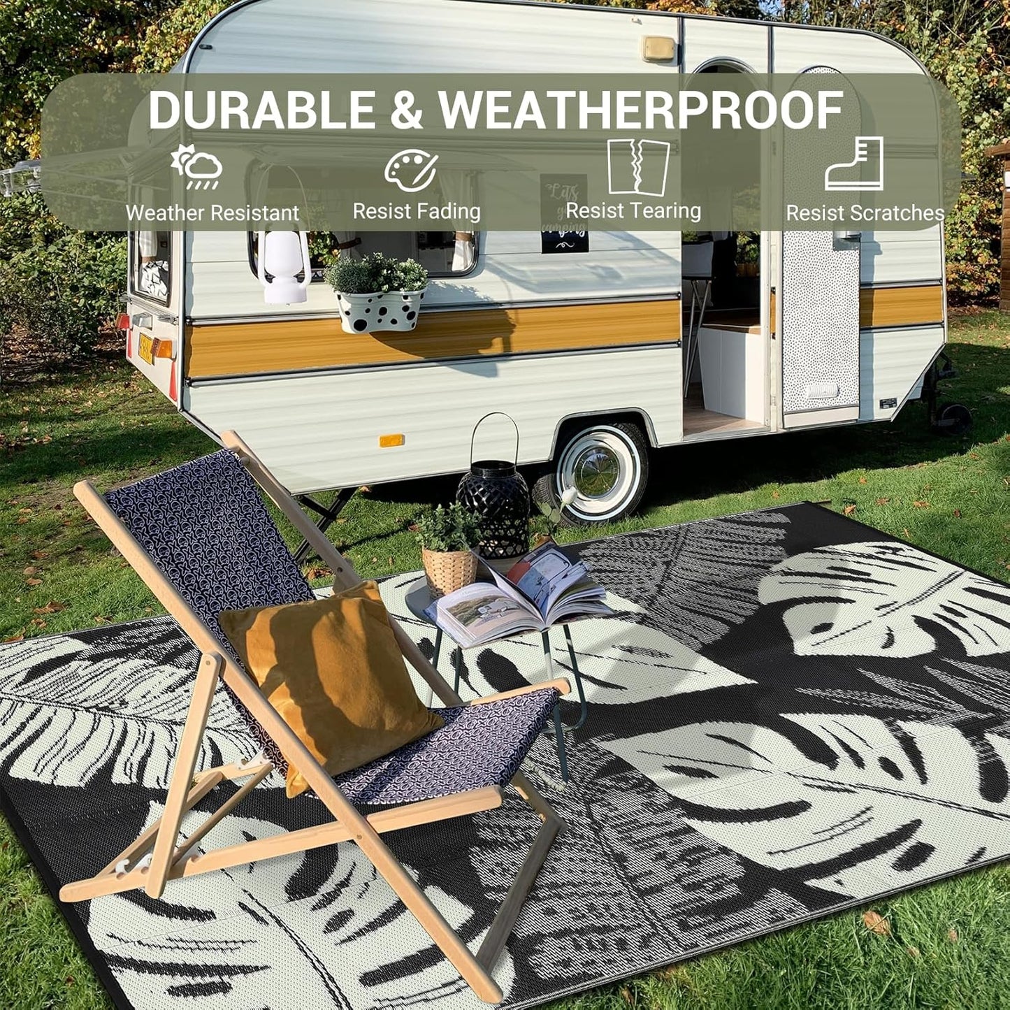 GAOMON Waterproof 8x10 Outdoor Rug Reversible Plastic Straw Rug Modern Patio Carpet, Foldable Lightweight RV Camping Mat with Portable Bag & 4 Stakes, UV Resistant & Sturdy for Picnic, Beige