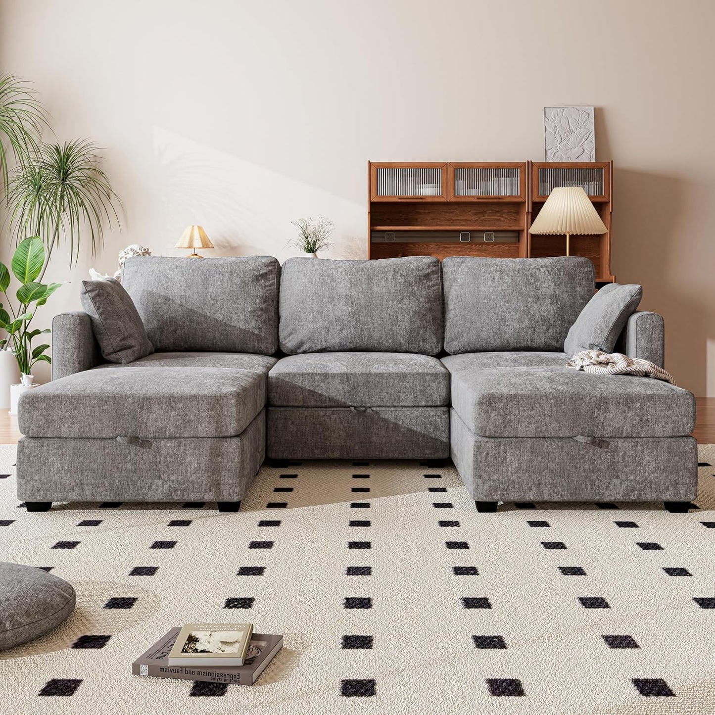 mestyl Modular Sectional Sofa Convertible U Shaped Sofa Couch Set with Storage for Living Room, Modern 3 Seater Modular Sectional Couch with 2 Movable Ottoman (Grey)