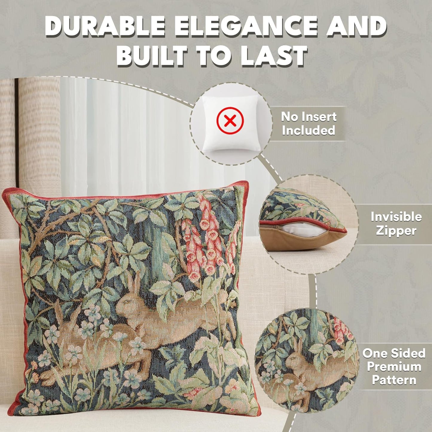 Charlotte Home Furnishings Decorative Tapestry Pillow Cover 14x14 in, Green Hares Couch Throw Pillow Cover, French Country Square Cushion Cases for Living Room Home Decor, Soft Cotton Jacquard Woven