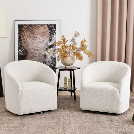 KINWELL 32" Wide Modern Boucle Swivel Barrel Chairs Set of 2, No Assembly Round Upholstered Swivel Accent Armchairs for Living Room, Bedroom (White)