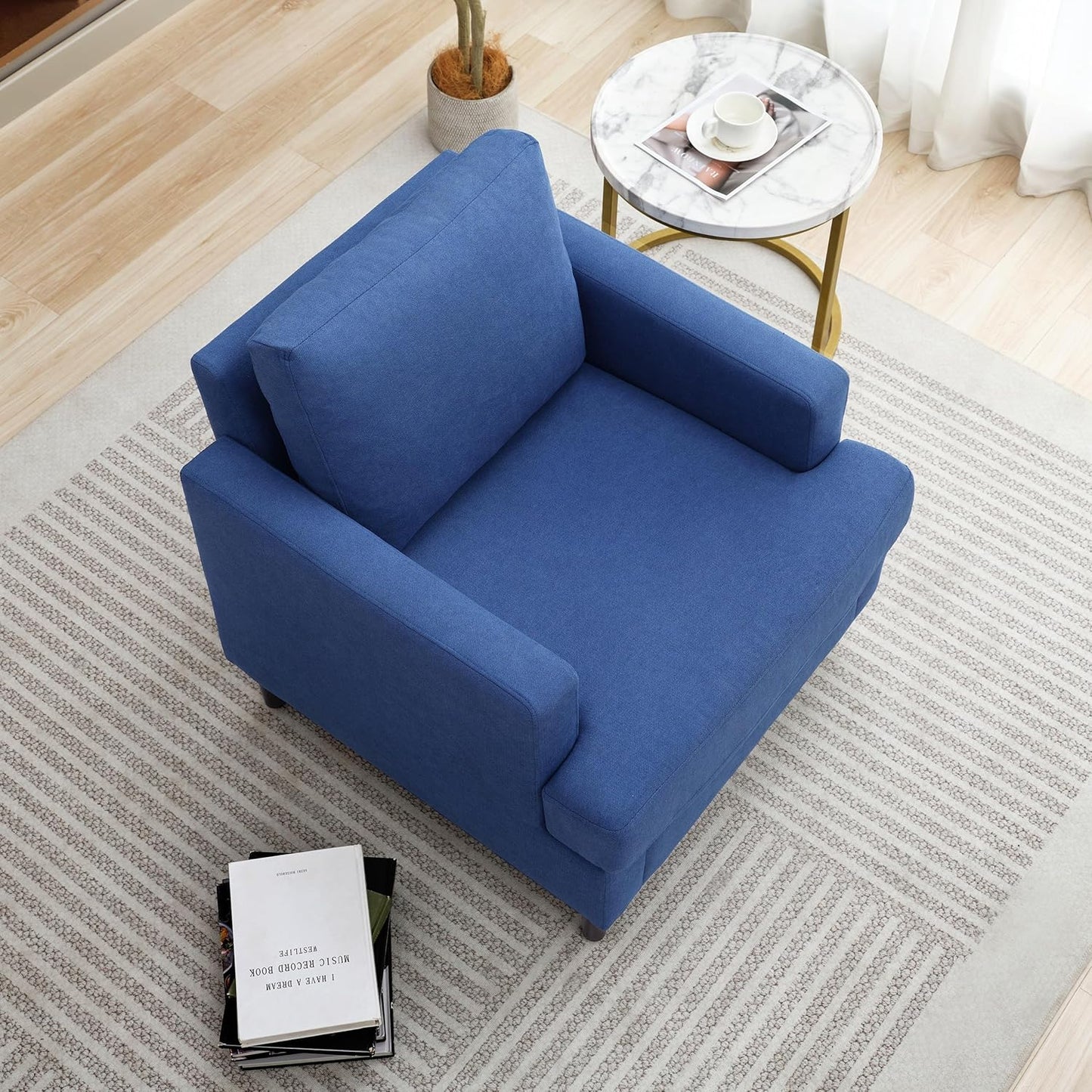 Mid-Century Accent Chair,Modern Linen Fabric Armchair for Living Room,Comfy Upholstered Reading Accent Chairs for Bedroom,Single Sofa Chair with Wood Legs (Blue, 1 Pack)