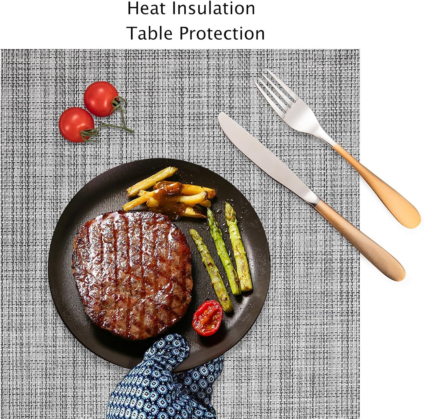 Myir JUN Placemats Set of 8, Vinyl Woven Placemats Place Mats Indoor Set of 8 Washable Table Mats Non-Slip Place mats for Dining Table (Light Gray, Set of 8)