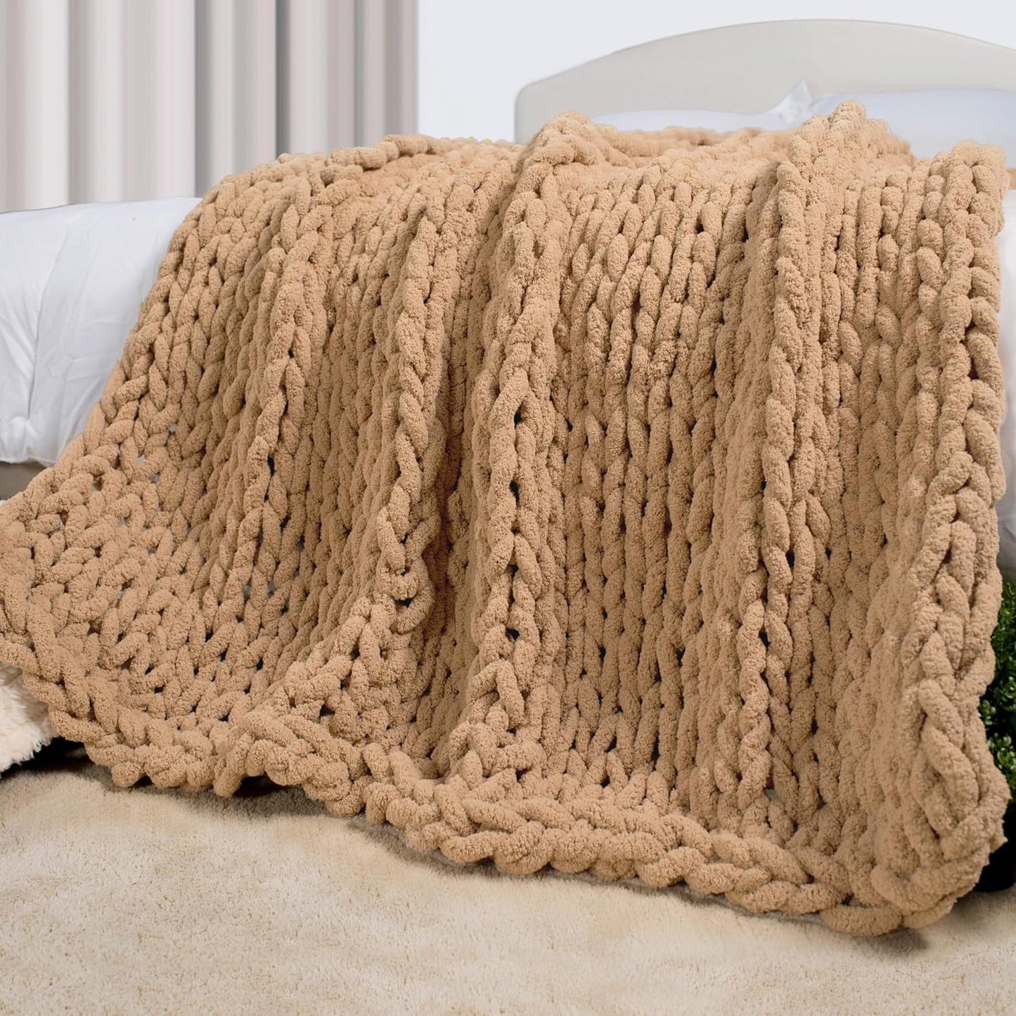 Carriediosa Chunky Knit Throw Blanket 60" X 80" Twin, 100% Hand Made Large Chenille Loop Yarn Soft Fluffy Throws for Couch Sofa Bed, Big Crochet Cozy Heavy Thick Cable Woven Blankets, Tan Brown