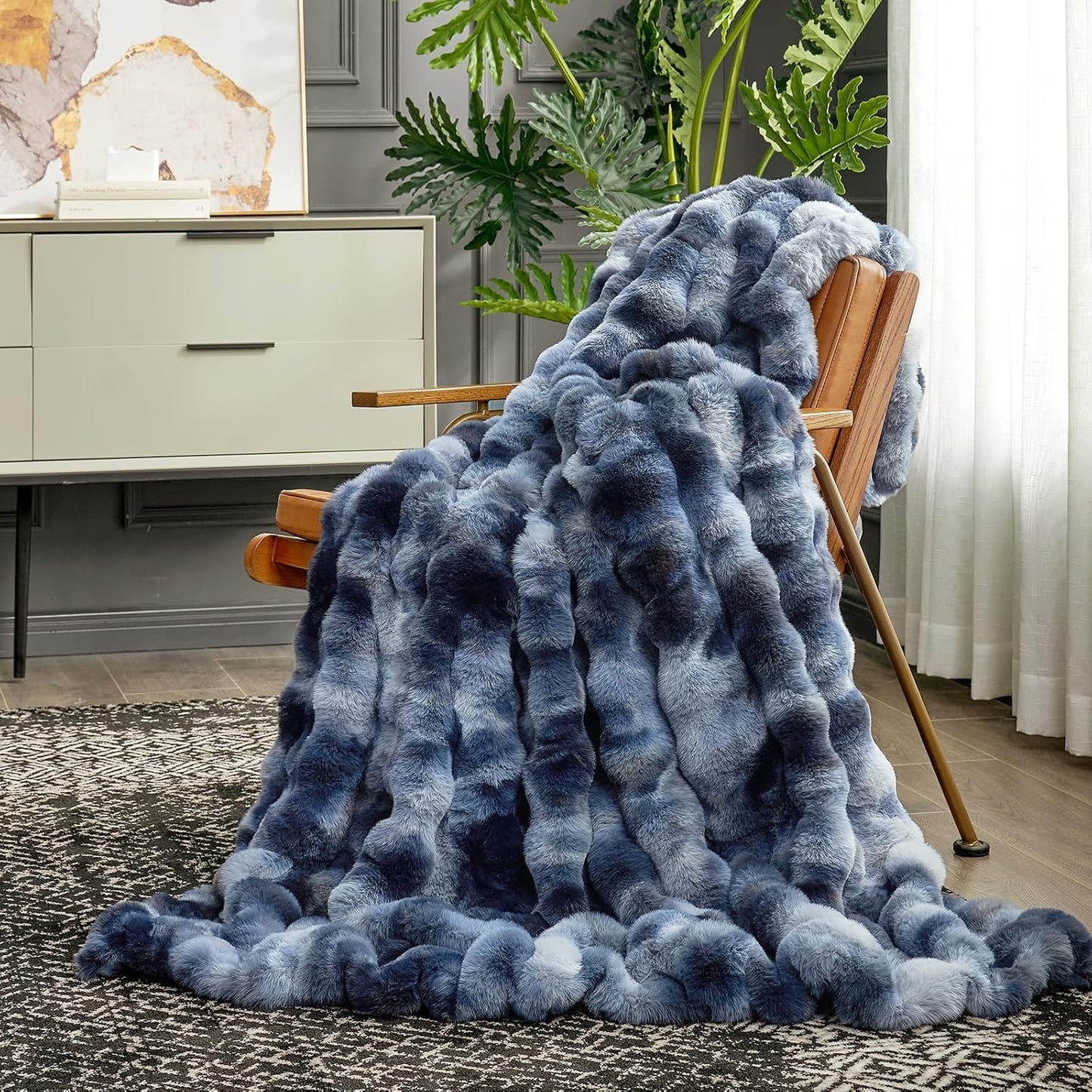 Cozy Bliss Faux Fur Throw Blanket for Couch, Fuzzy Soft Plush Thick Bubble Blanket for Sofa Bedroom Living Room, 50 * 60 Inches Tie-dye Blue
