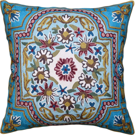 Turquoise Floral Pillow Cover Traditional Blue Flower Pillowcase Traditional Outdoor Cushion Suzani Flower Throw Florals Chair Farmhouse Hand Embroidered Cushions Wool 18x18 Inch