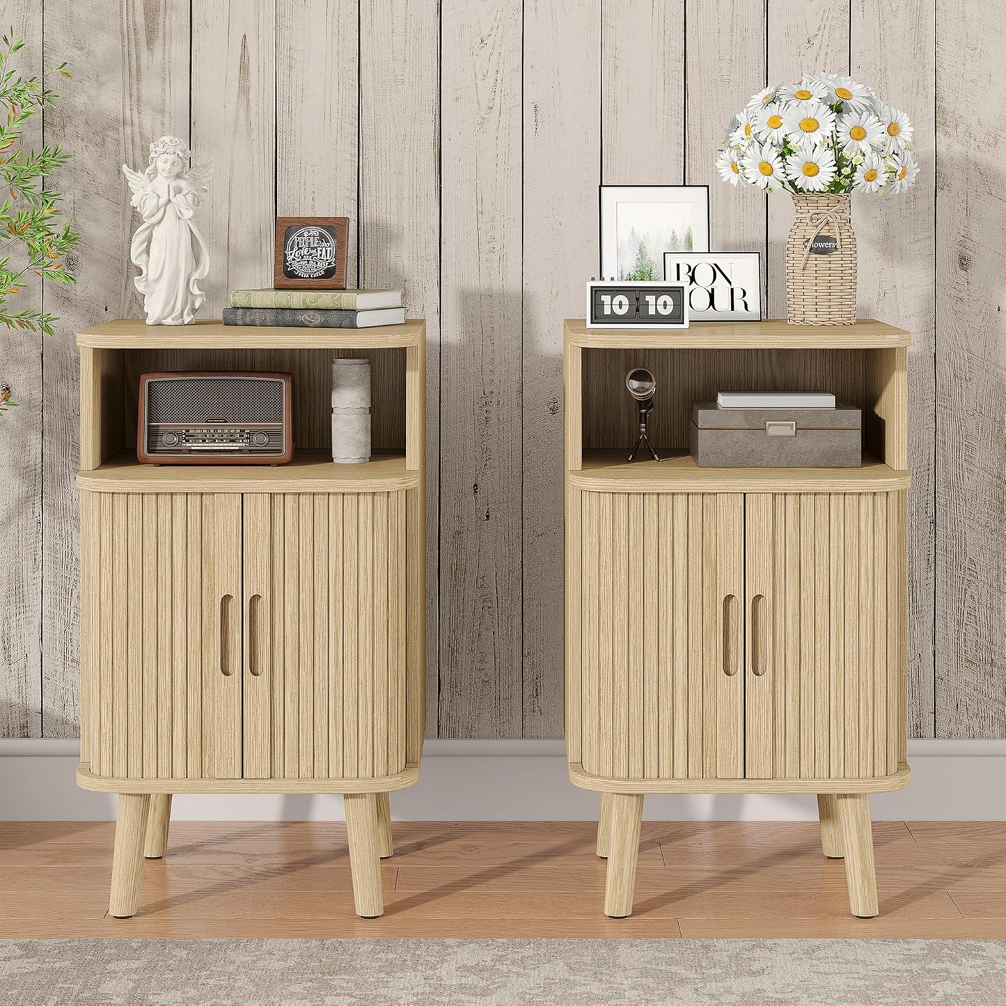 Alohappy Fluted End Table Set of 2, Mid Century Modern Nightstands with Sliding Tambour Door, Curved Round Edge Wood Bedside Table for Bedroom, Side Tables with Storage for Living Room, Natural Oak