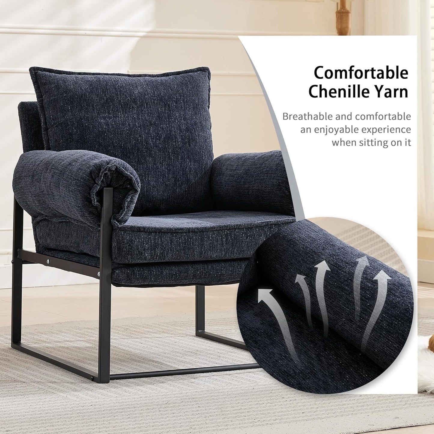 YISHENG Accent Chair with 6-Angle Adjustable Backrest, Chenille Fabric Living Room Chair Upholstered Lounge Chair, Modern Chair Cozy Reclining Chair for Reading Room, Set of 2 Dark Blue