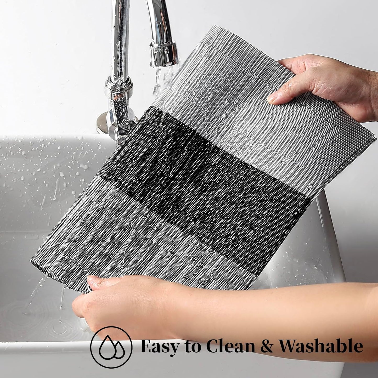 Leetaltree Grey with White Striped Placemats Set of 6 - Heat Resistant Non-Slip Place mats for Dining Table, Washable Durable PVC Vinyl Woven Table Mats（Grey Stripe, 6）