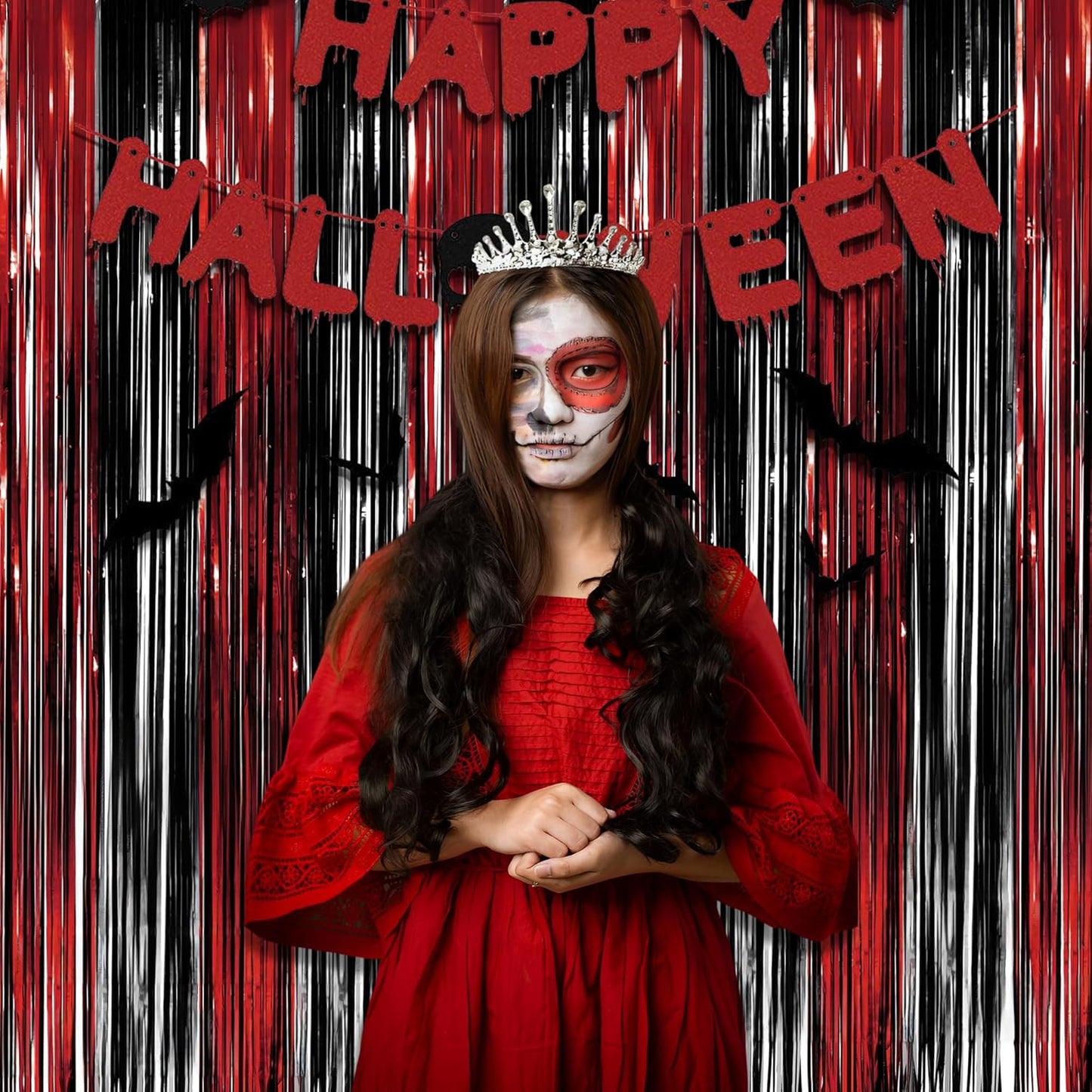 Black Red Party Streamers Backdrop - GREATRIL Foil Fringe Tinsel for Stranger/Friday Party/Halloween Party Decorations - 3.2ft X 8.2ft - 2 Packs