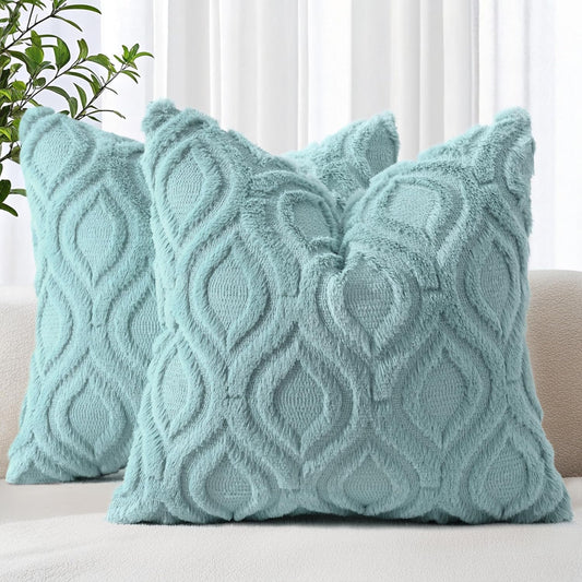 decorUhome Fall Throw Pillow Covers 18x18 Inch Set of 2, Soft Plush Decorative Faux Fur Aqua Solid Couch Pillow Covers, Accent Farmhouse Neutral Square Euro Pillow Cases for Sofa Bed Living Room
