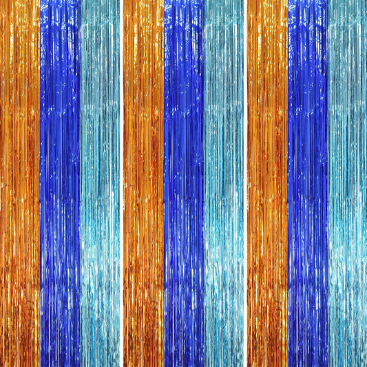 3 Pack 3.3 x 8.2 ft Blue Orange Foil Fringe Backdrop Curtains, Tinsel Streamers Party Decorations, Fringe Backdrop, Door Shimmer for Birthday Party