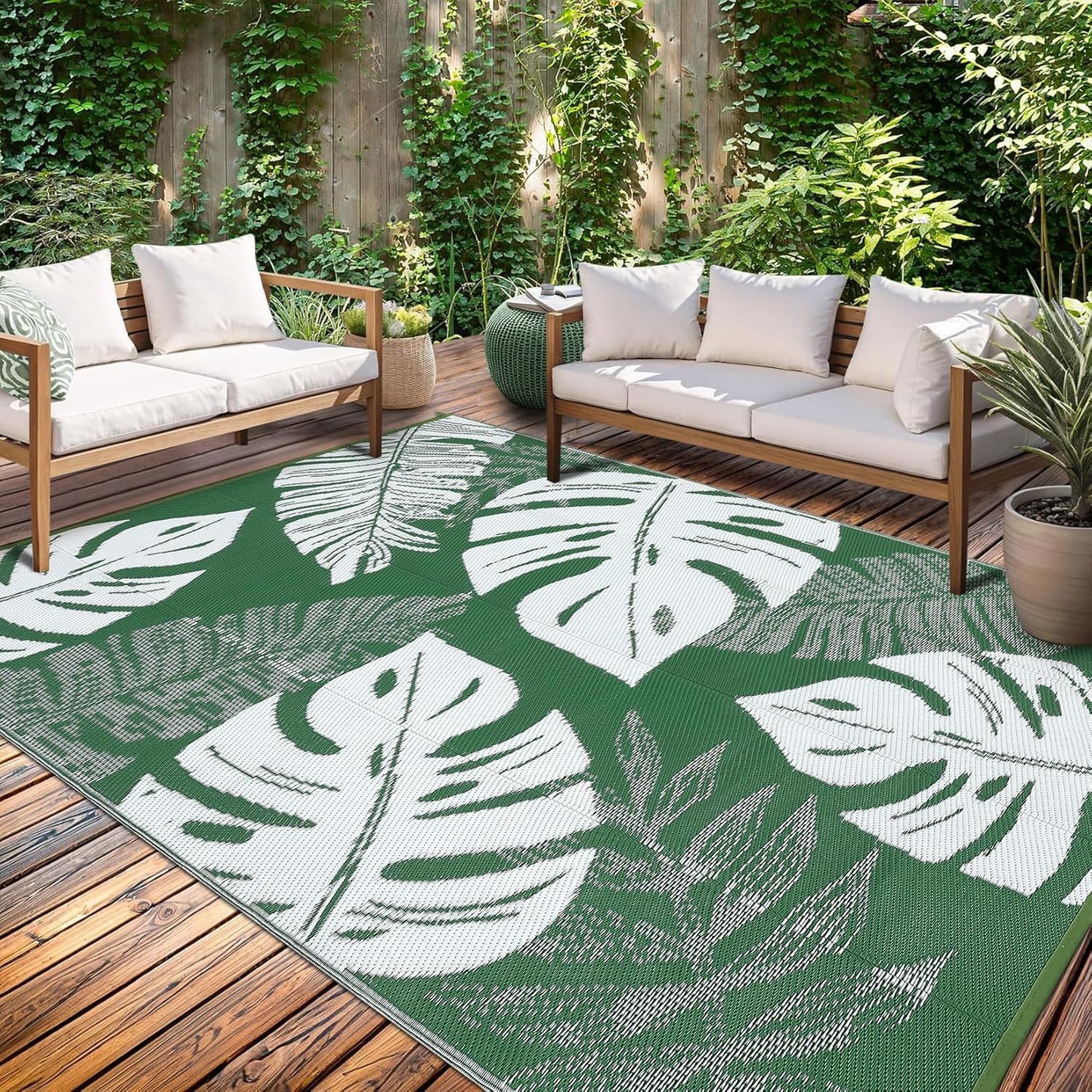 GAOMON Outdoor Rugs 9x18 Waterproof Patio Rug Outdoor Plastic Straw Rug Reversible Camping Mat, Portable RV Picnic Carpet with Bag & 4 Stakes, UV Resistant Outside Carpet for Deck Balcony, Green