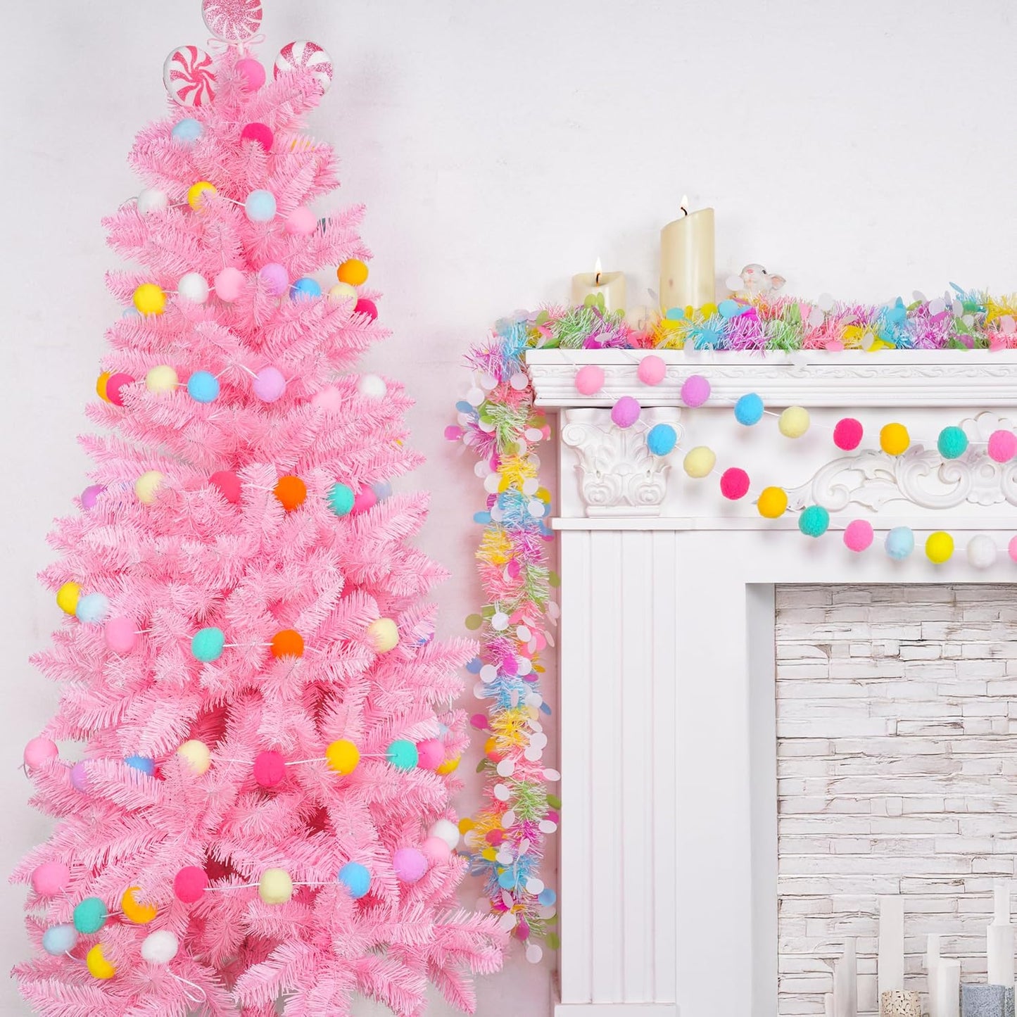 XmasExp Pastel Colorful Pom Pom Garland Decorations - Large Spring Felt Ball Garland for Classroom,Christmas, Mantle Decor, Easter Tree Ornaments, Baby Shower and Party Hanging Decor,13 Ft.