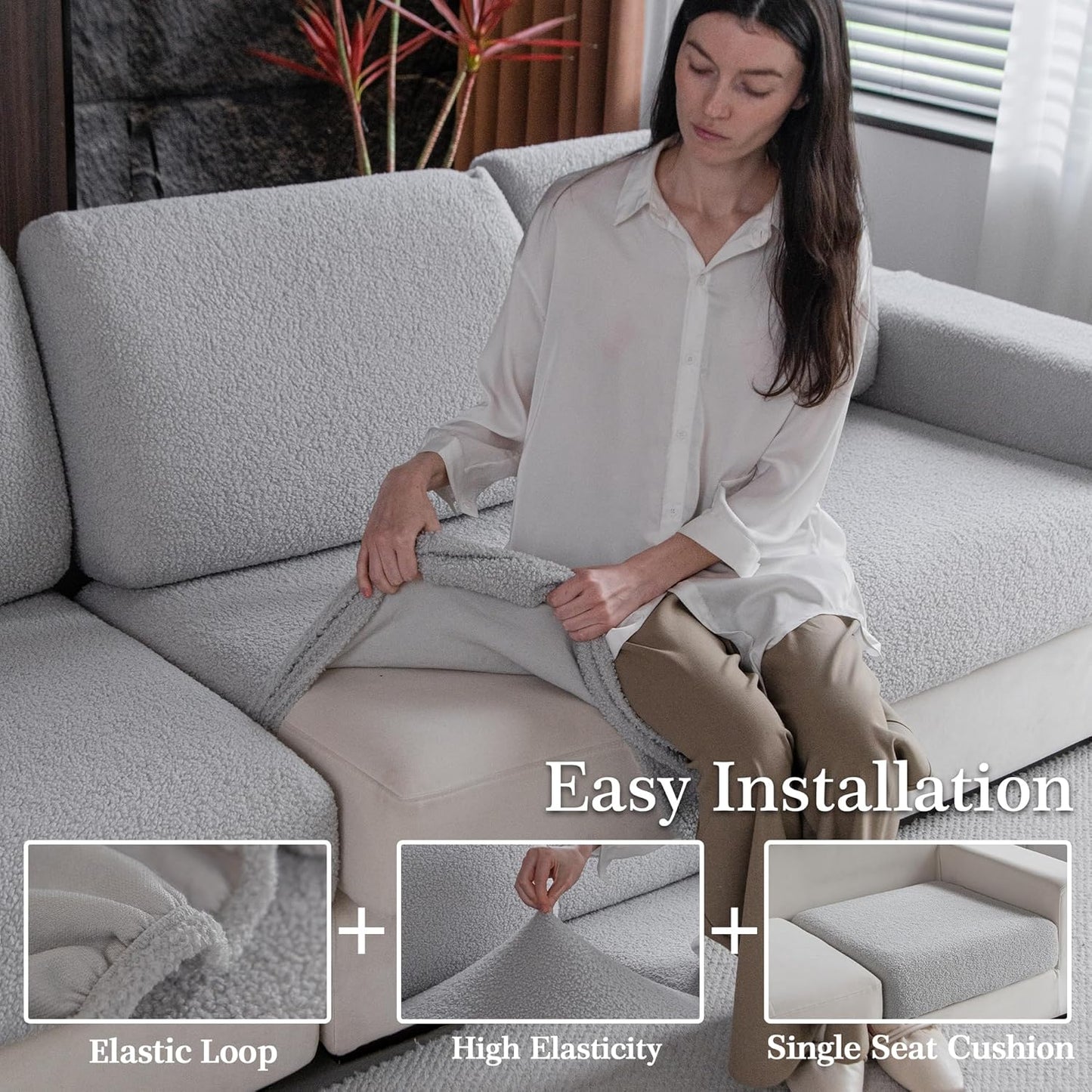 Couch Cushion Covers for Sectional Sofa, Stretch Soft Sofa Slipcovers Washable Wear-Resistant Universal Furniture Protector for Living Room(1 Piece Chaise Cover, Light Gray)