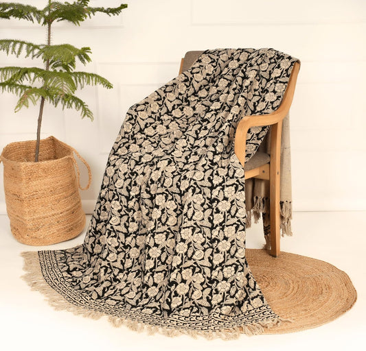 Handmade Cotton Throw Blanket, Floral Block Print, Black and Beige Wrap, 47x71 inches Decorative Woven Throw with Tassels
