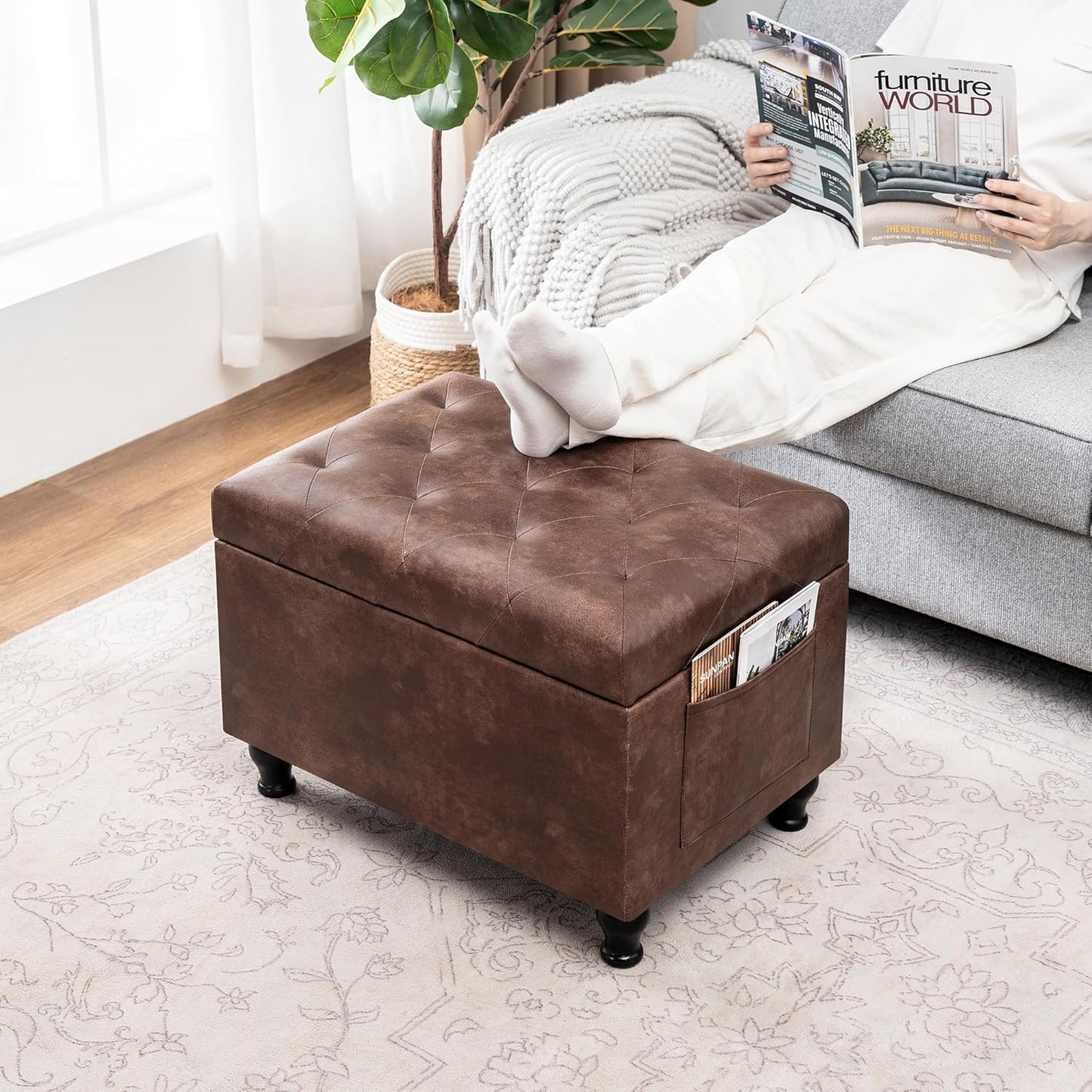 Leather Storage Ottoman Bench Rectangle 24 Inch Foot Rest Ottomans Stool for Living Room Bedroom(Brown)