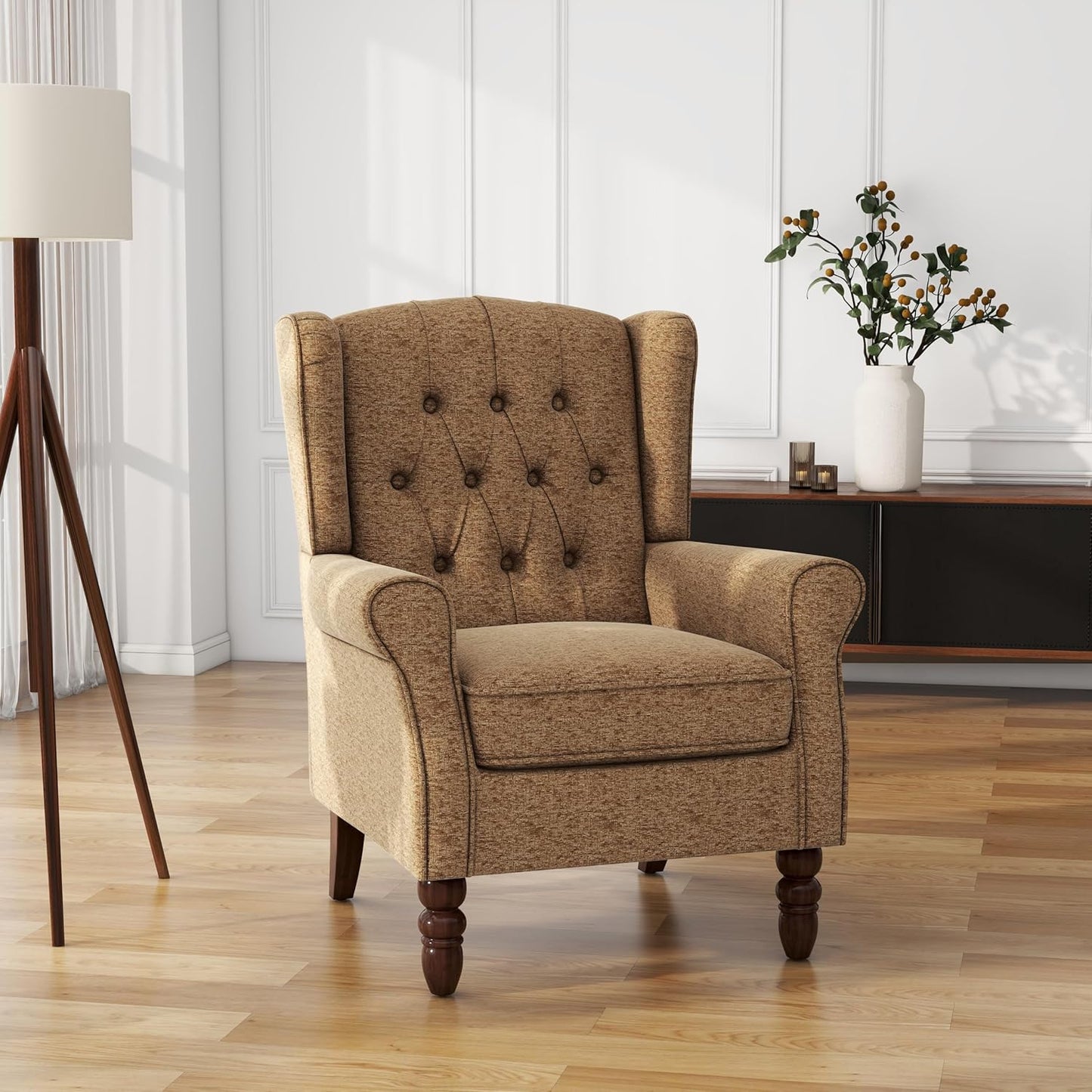 UIXE High Back Accent Chair, Upholstered Armchair in Fabric, Retro Wingback Arm Chair for Living Room, Comfy Single Sofa Bedroom Reading Seat with Solid Wood Legs - Brown