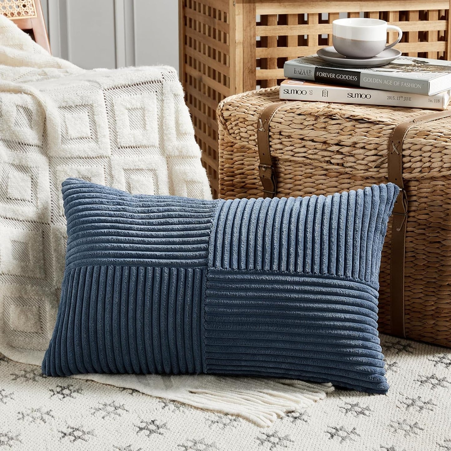 Fancy Homi 2 Packs Dusty Blue Lumbar Decorative Throw Pillow Covers 16x32 Inch for Couch Bed Sofa, Rustic Farmhouse Boho Home Decor, Soft Striped Corduroy Rectangle Accent Cushion Case 40x80 cm