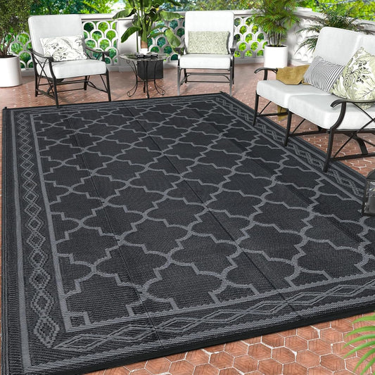 GAOMON Outdoor Rug Waterproof 8'x10', Reversible Outdoor Plastic Straw Rug, Boho Patio Rug, Indoor Outdoor Carpet, RV Mat Outside for Patio, Camp, Picnic, Balcony, Deck, Black/Grey(Geometric)