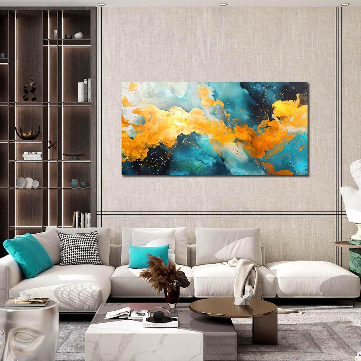 LAOTOART Colorful Abstract Canvas Art - Teal and Yellow Wall Art Living Room - Girls Bedroom Wall Decor Size 24" x 48"