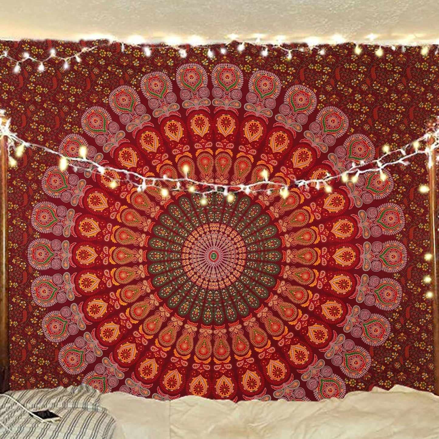 Bless International Handmade Indian hippie Bohemian Psychedelic Peacock Mandala Wall hanging College Dorm Beach Throws Table Cloth Bedding Tapestry (Maroon Yellow, Queen(84x90Inches)(215x230Cms))