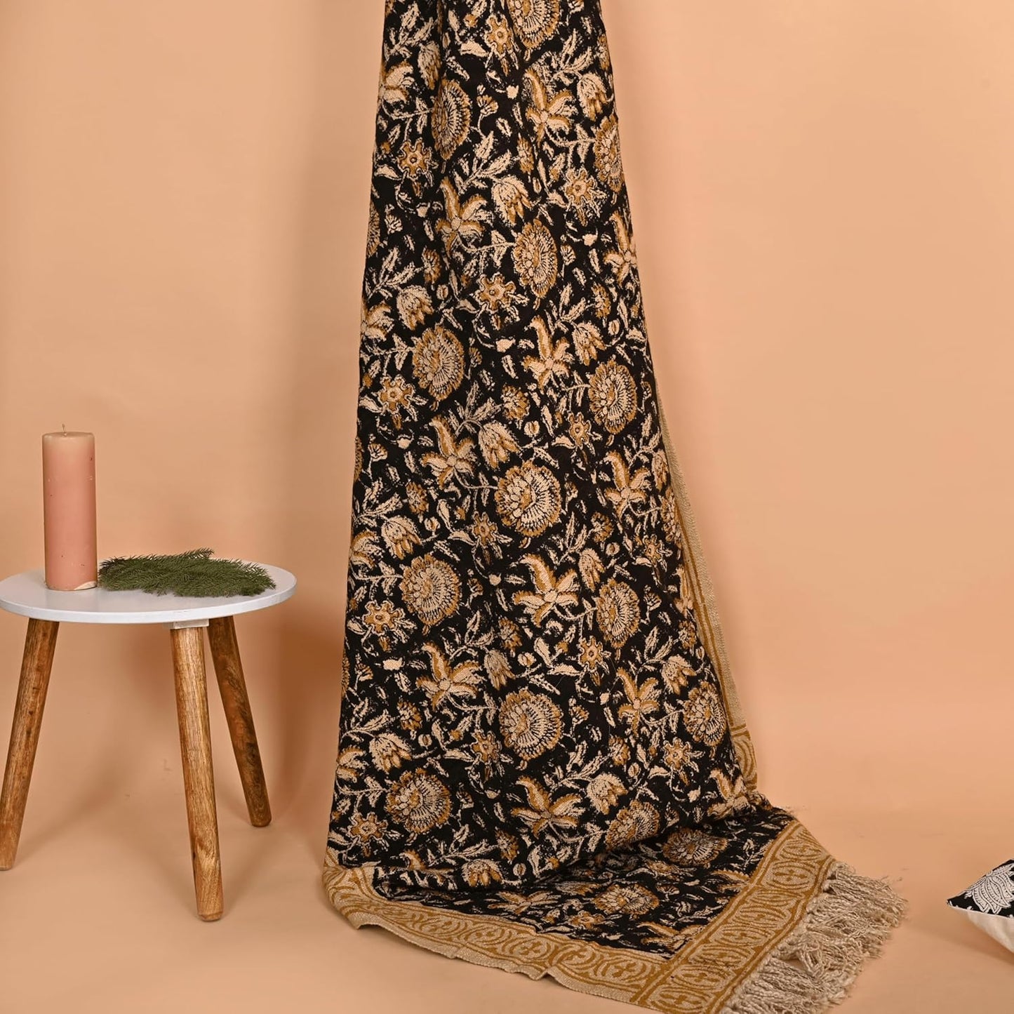 Bohemian Floral Cotton Throw Blanket with Tassels | 48x70 Inch Handblock Printed Sofa Throw | Black & Gold Decorative Bed Cover | Lightweight Couch Throw for Living Room & Bedroom