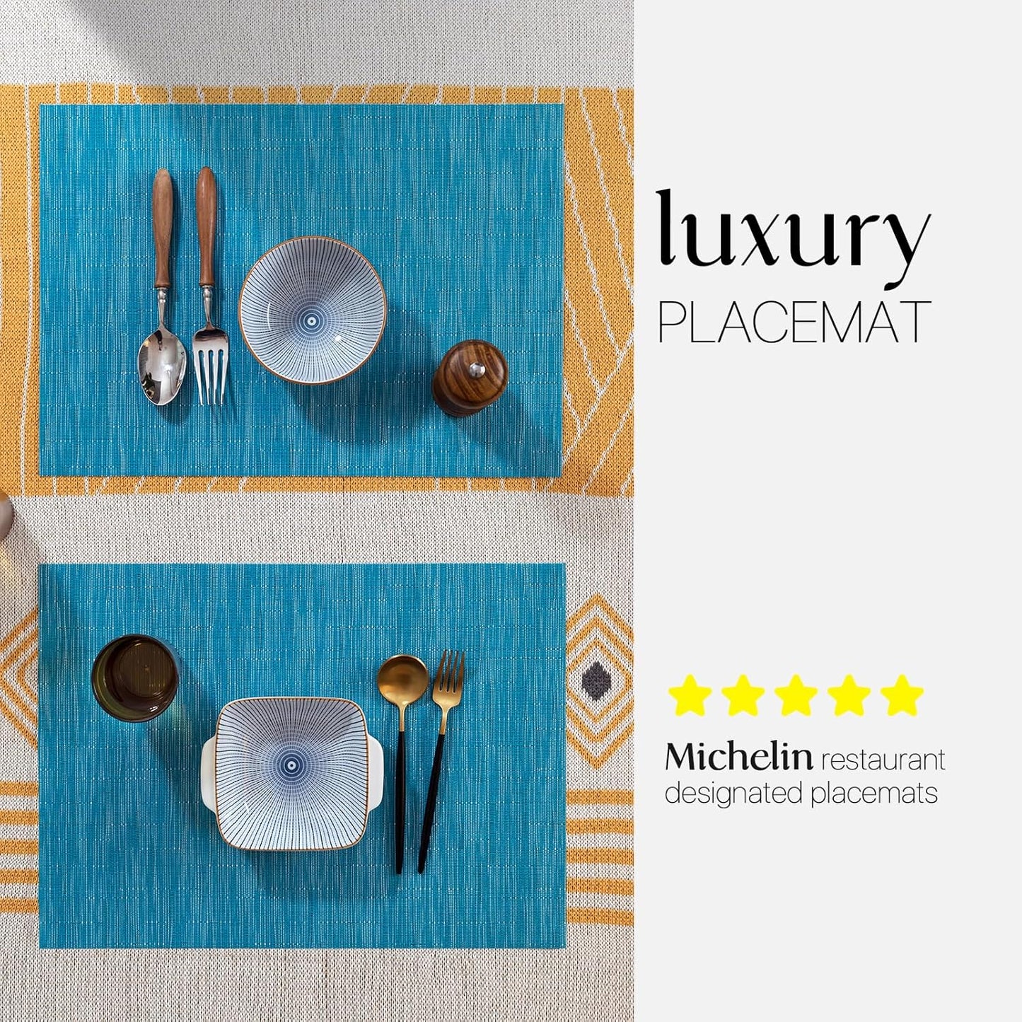 LEXMORE Placemats Set of 8 Vinyl/Plastic Woven Place Mats for Kitchen Table Indoor/Outdoor Washable Placemat Wipeable Dining Table Mats(Teal Blue)