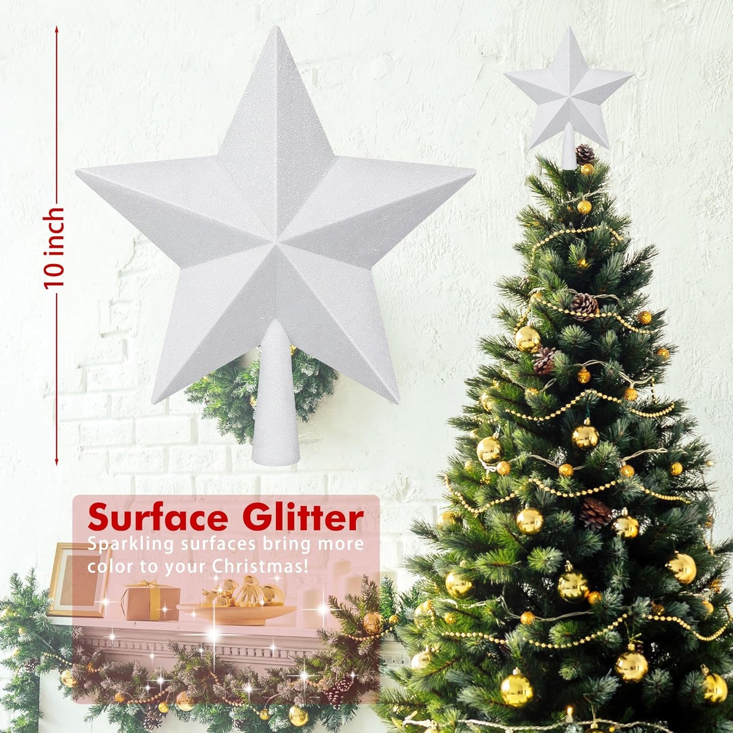 Christmas Tree Topper Star, 10 in White Christmas Tree Decorations, Hard Star Tree Topper Xmas Decorations Glitter Christmas Ornament for Holiday Home Xmas Party Decor Festival Gathering Ornament