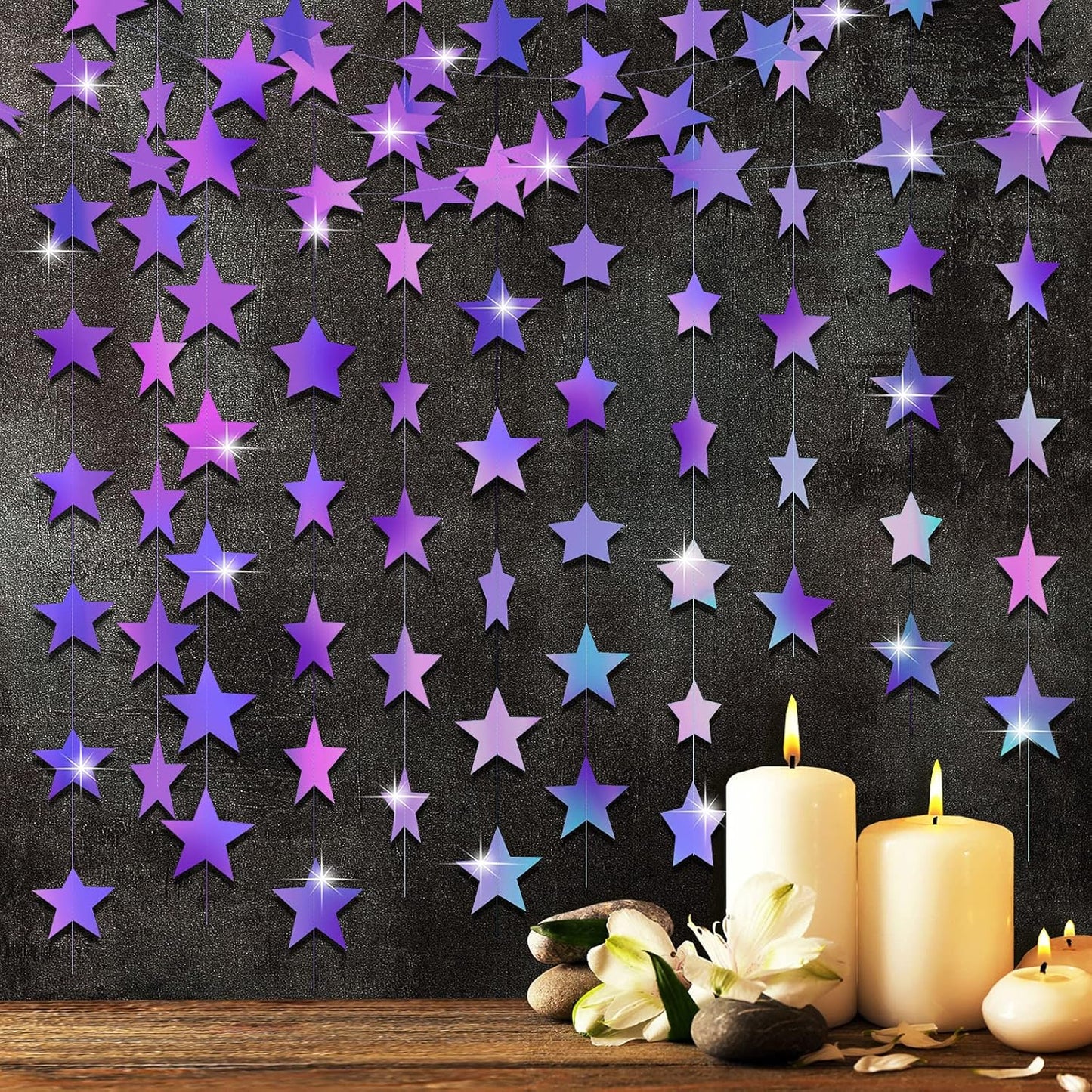 Patelai Glitter Star Garland Banner Decor 130 Feet Star Hanging Bunting Banner Twinkle Backdrop for Homecoming Classroom Wedding Birthday Halloween Christmas Party Supplies(Holographic Purple)