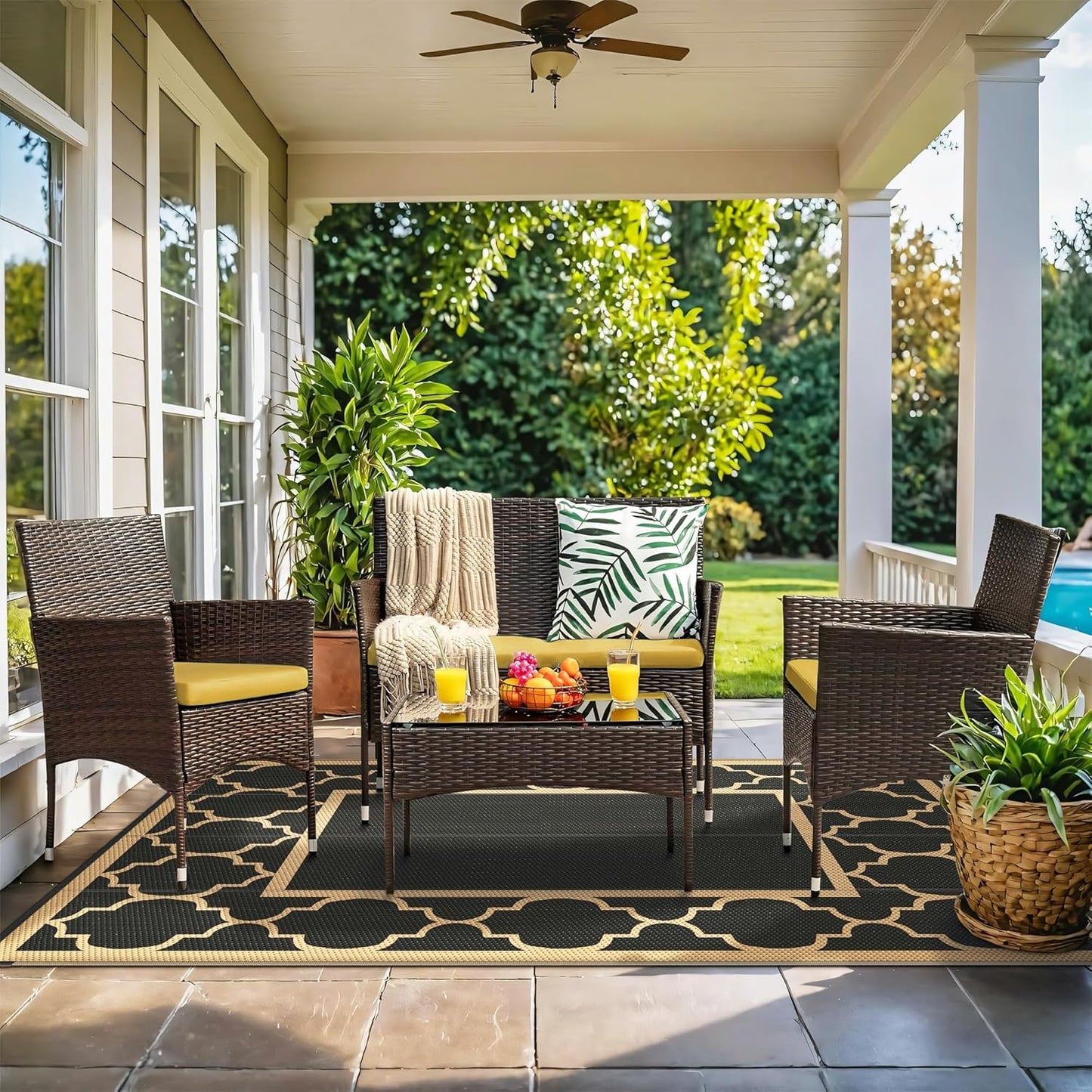 GENIMO 6' x 9' Outdoor Rug Waterproof for Patio Decor, Foldable Reversible Plastic Straw Area Rugs Mat for Camper, Outside Carpet for Rv, Deck, Porch, Picnic, Beach, Balcony, Black & Brown