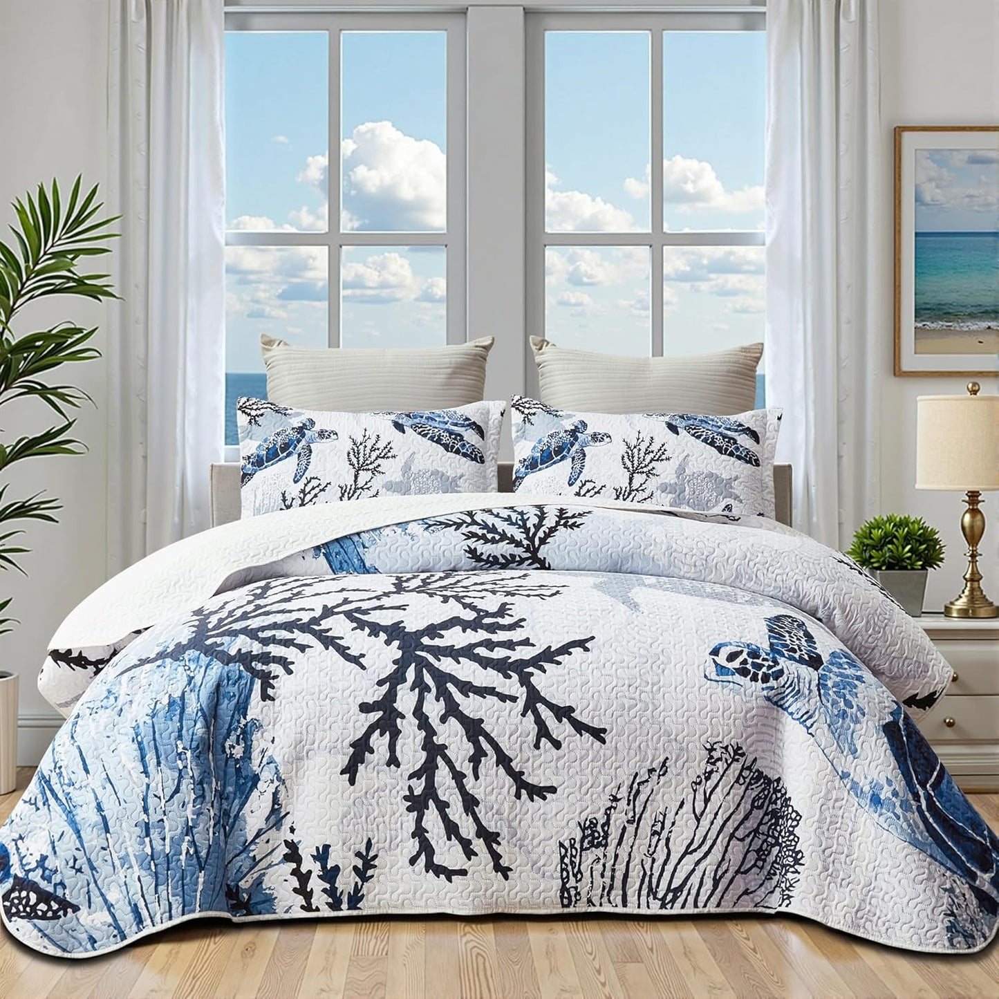 Coastal Bedding Twin Size Coastal Quilt with Shams, Nautical Beach Comforter Sets Ocean Bedspreads Blue Seaturtle Coverlet Summer Bedding, 68''x86''