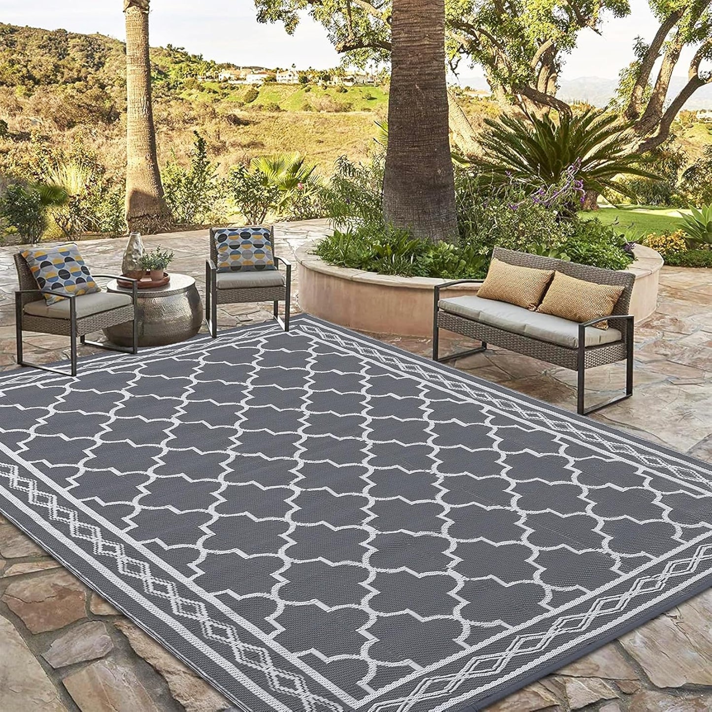 GAOMON Reversible Outdoor Rug 9'x18' Waterproof Plastic Straw Rug, Patio Rug, Large Modern Area Rug Carpet, Indoor Outdoor Rugs for Camping, Porch, Deck, Balcony, Backyard, Grey/White(Geometric)