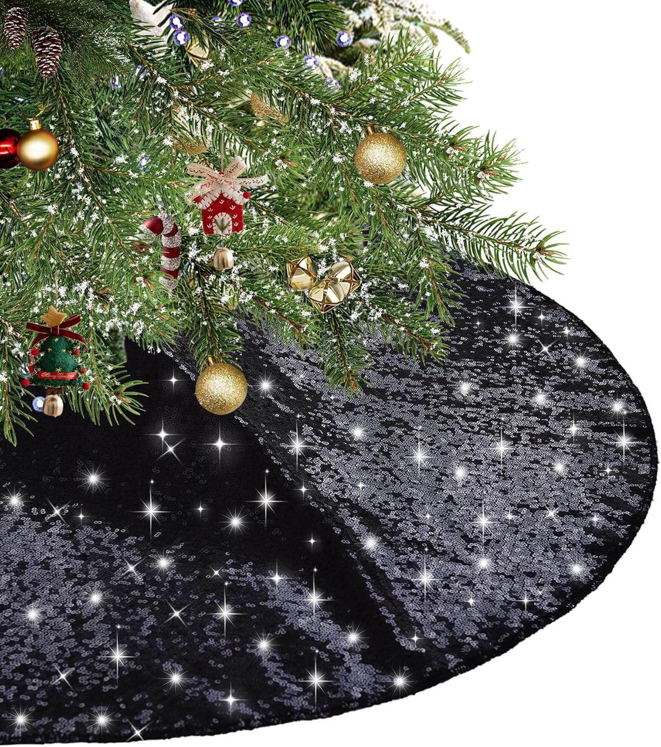 Eternal Beauty Christmas Tree Skirt, 36 Inch Black Halloween Sequin Tree Skirt Small Xmas Tree Skirt for Christmas Tree Decorations