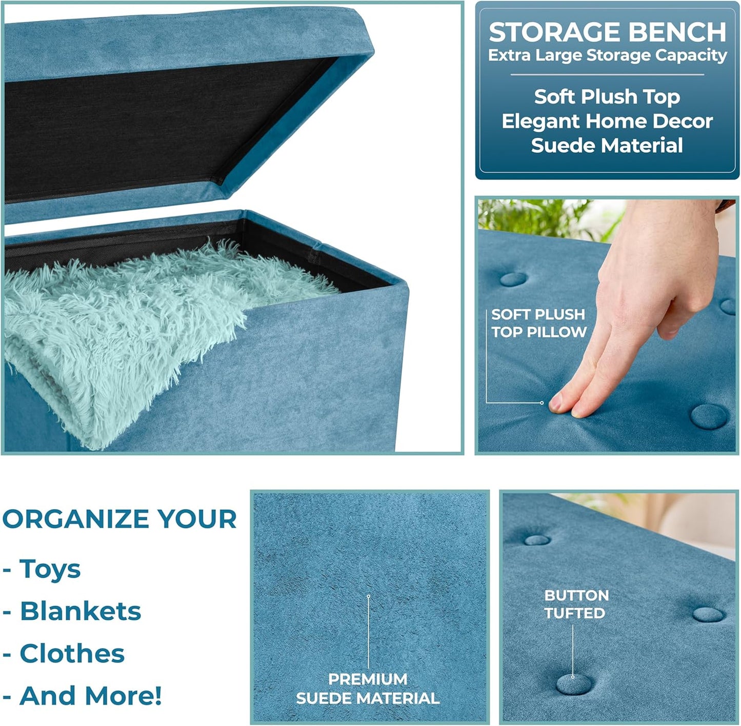 Sorbus Folding Ottoman - Foot Rest Cube, Bedroom Bench, Coffee Table, Shoe Storage, Foot Stool, Pouf - Teal Blue Suede Velvet