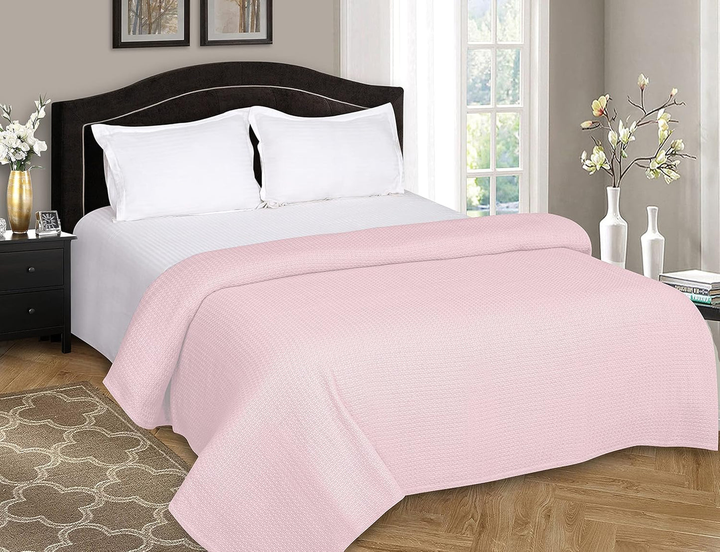 BELIZZI HOME 100 Cotton Bed Blanket, Breathable Bed Blanket Twin Size, Cotton Thermal Blankets Twin, Perfect for Layering Any Bed for All Season, Baby Pink