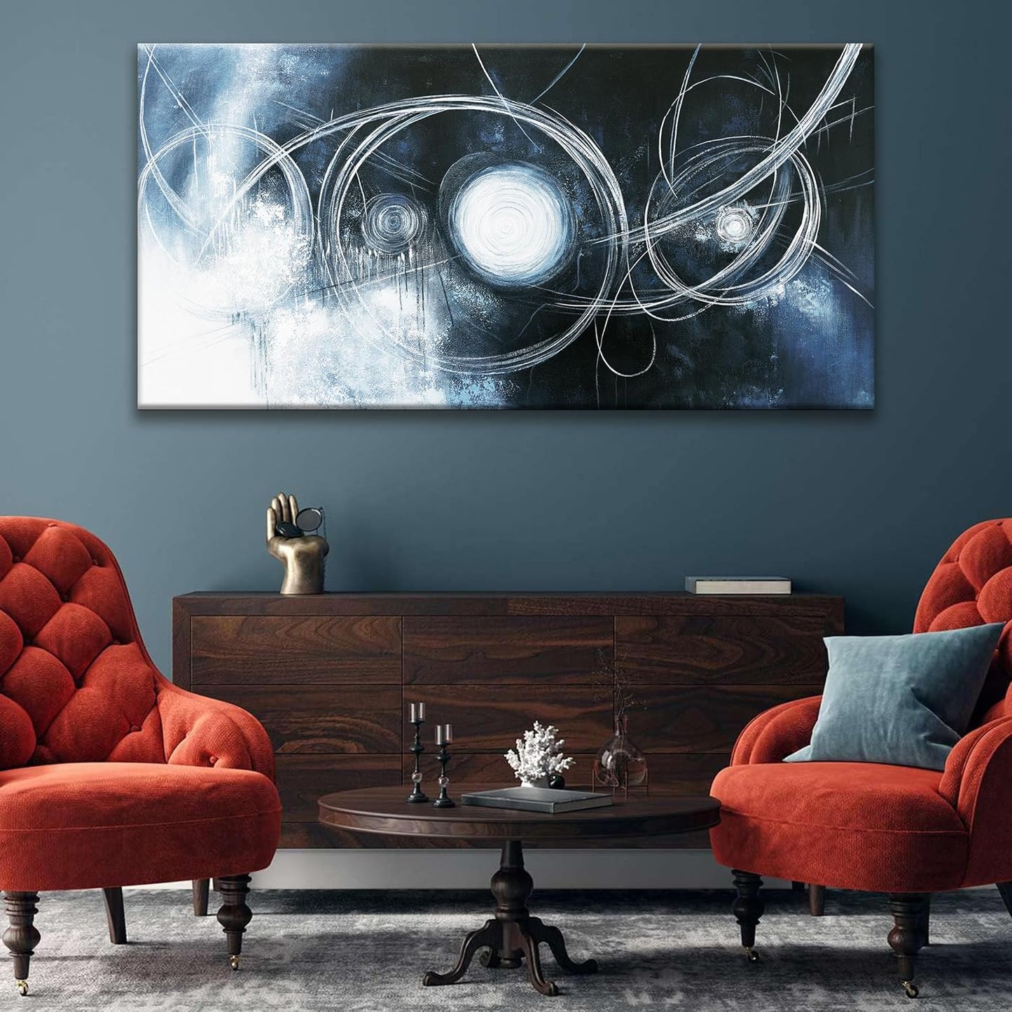 TAIJXAGSG Abstract Wall Art Modern Wall Decorations Maximalist Dark Blue Canvas Wall Art Decor Prints White Line Artwork For Living Room Bedroom Kitchen Office Artwork Ready To Hang 24"×48"