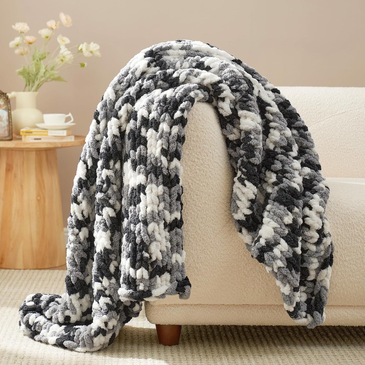 Amélie Home Chunky Knit Throw Blanket for Couch, Soft Chenille Crochet Blanket for Sofa, 50"x60", Space-Dyed Black