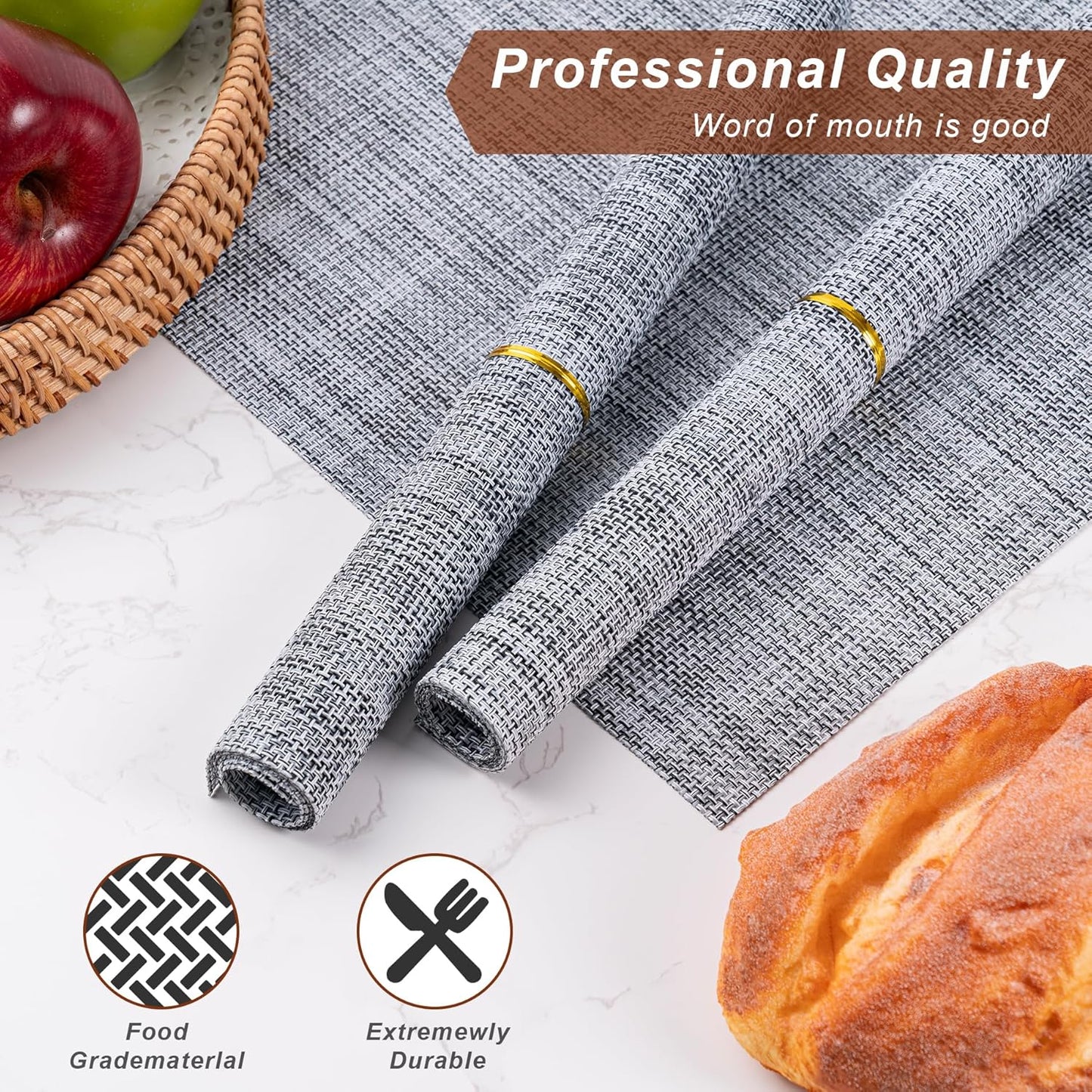 Placemats Set of 6 Washable Indoor/Outdoor Vinyl Place Mats for Dining Table Durable Non-Slip Heat Resistant PVC Weave Table Mats(Black White)