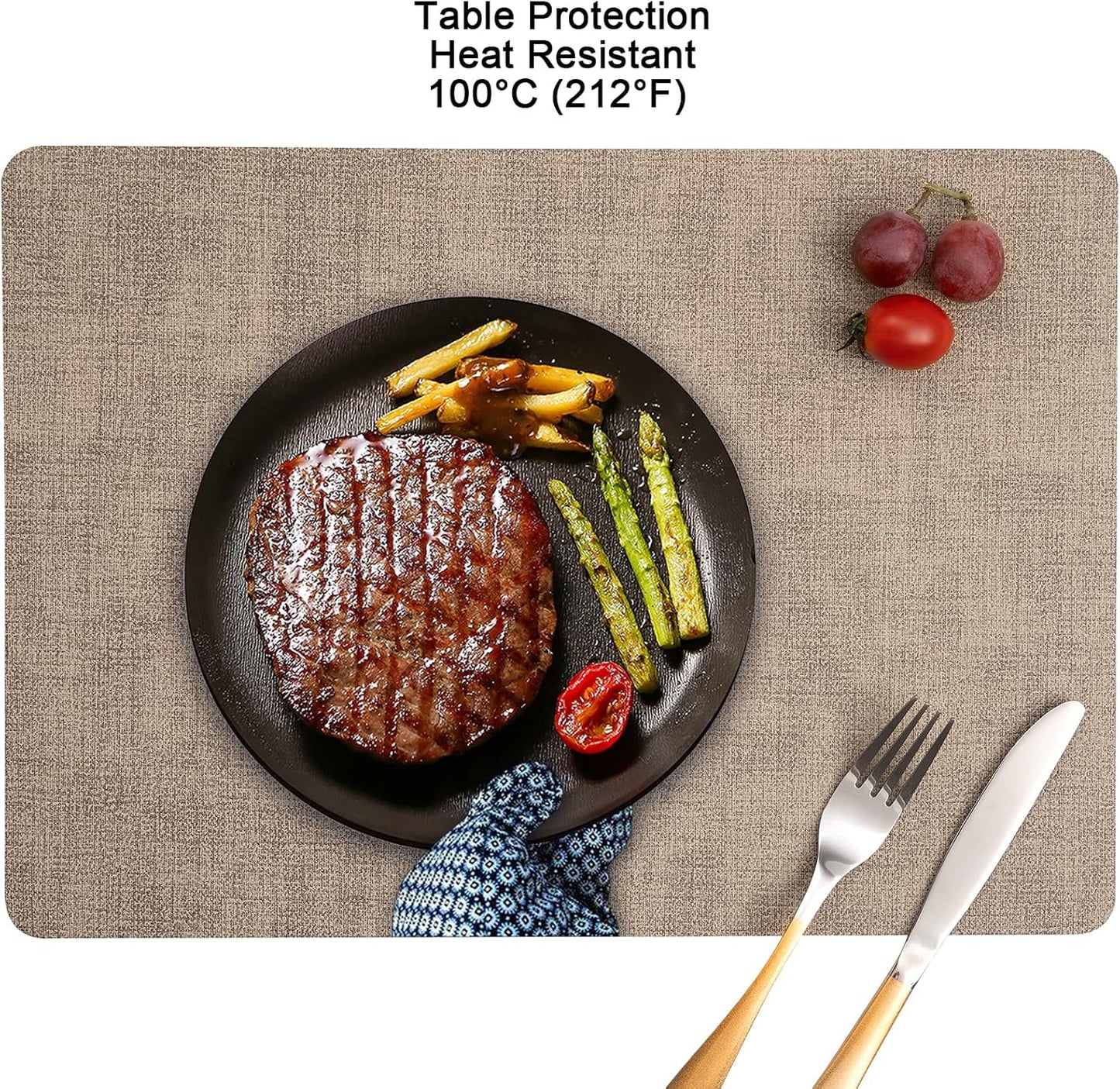 Myir JUN Placemats Dual Sided, Faux Leather Place Mats Set of 6 Indoor Placemat for Dining Table Outdoor Place Mat Manteles Individuales Square Non-Slip Washable Table Mats (Gray Beige, Set of 6)