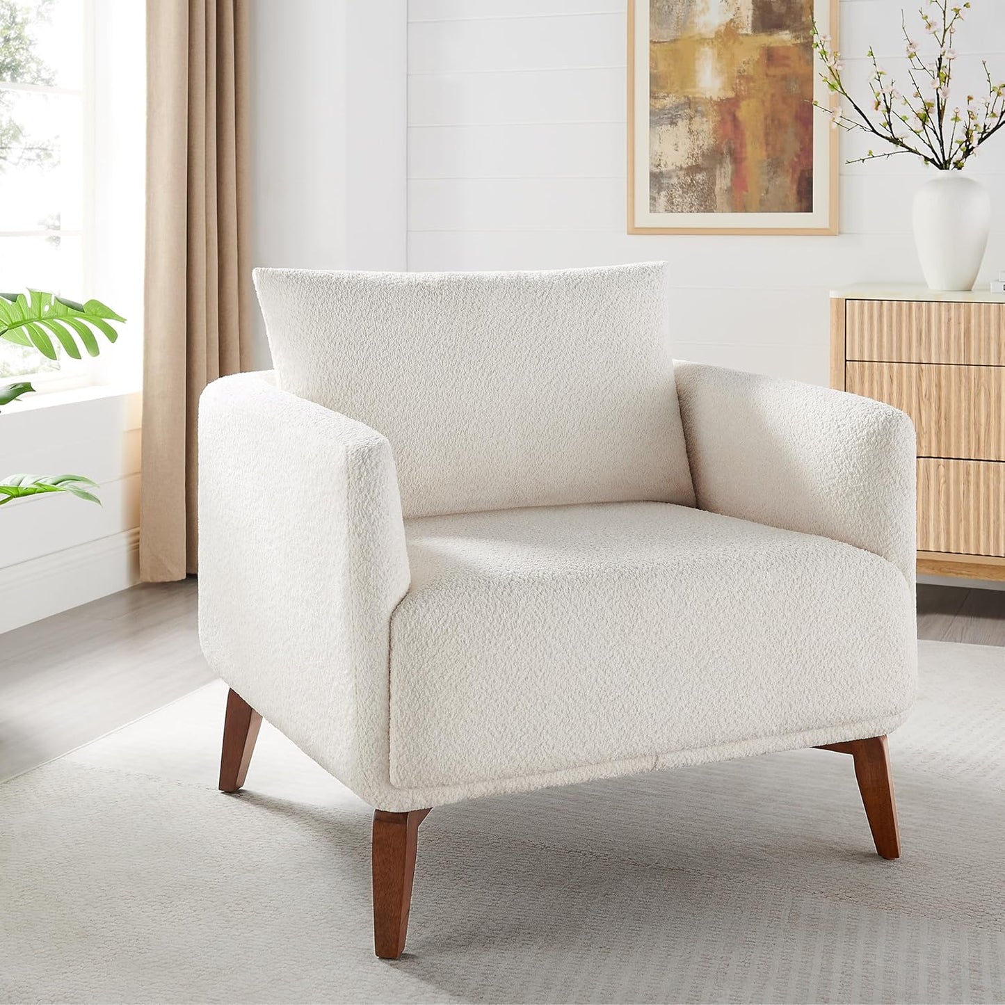 Oversized Accent Chair Modern Boucle Armchair for Living Room- 37" Wide Accent Chair with Solid Wood Legs, White Upholstered Lounge Chair for Bedroom & Office, Cozy Reading Chair (Easy Assembly)