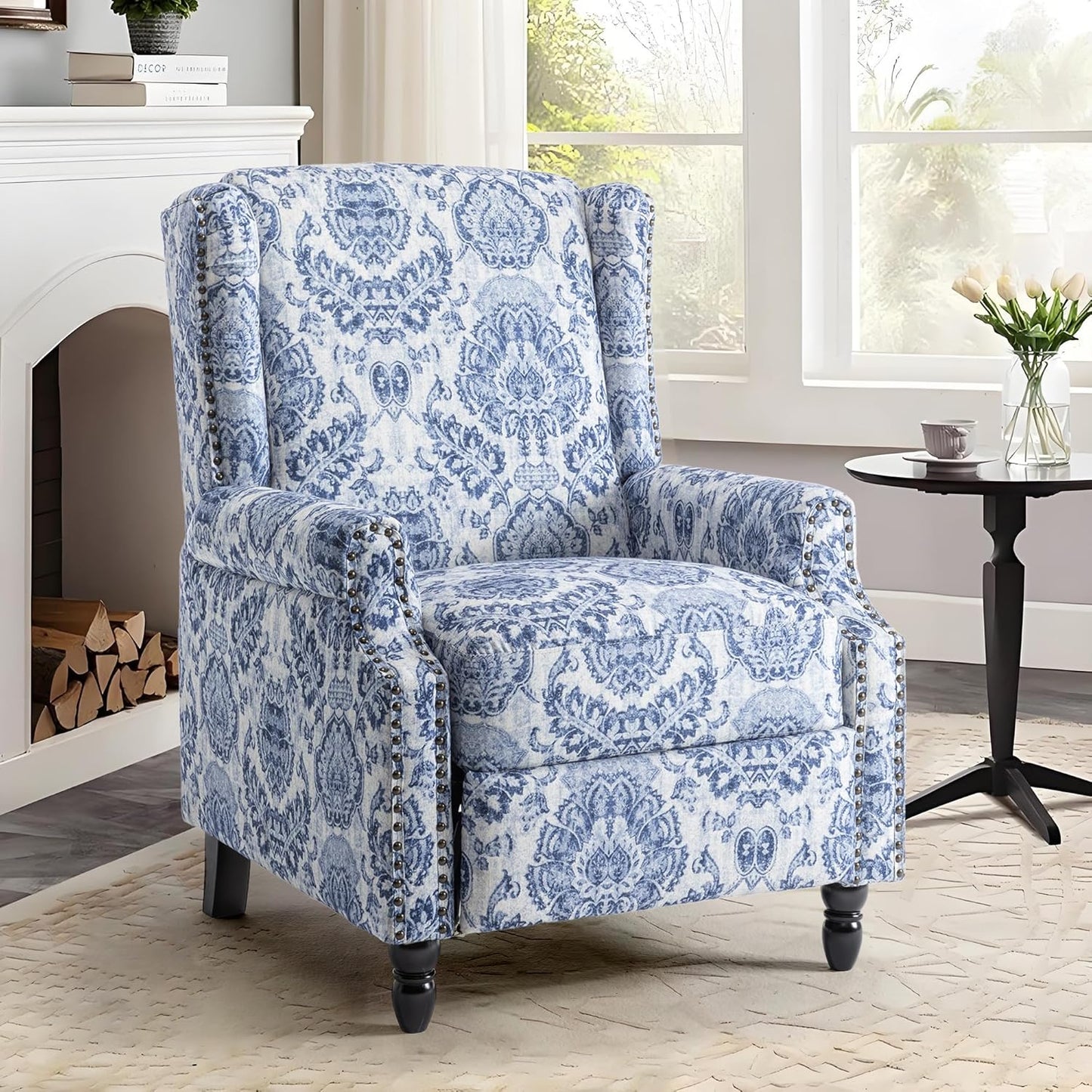 UIXE Floral Pushback Recliner Chair, Fabric Upholstered Armchair Push Back Accent Chair for Living Room, Rivet Trim Club Chair Home Theater Single Sofa Reading Seat - Navy Blue