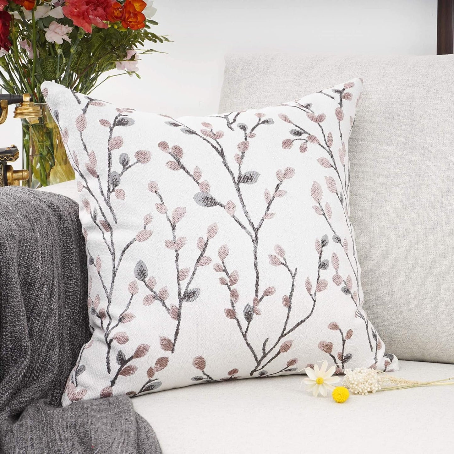 YOUR SMILE Classical Embroidery Jacquard Pink Leaf Pattern Square Decorative Throw Pillow Case Cushion Cover 18x18 inch