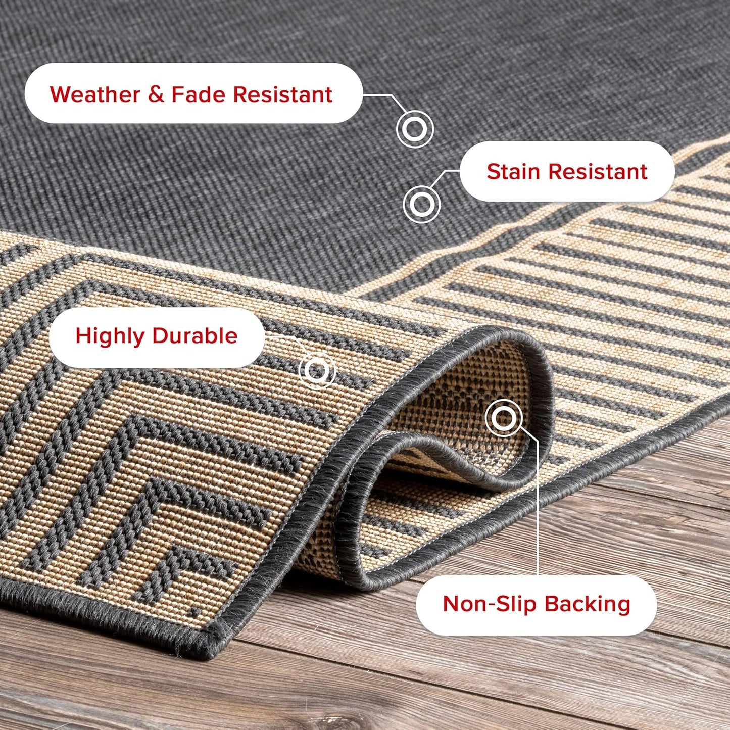 nuLOOM 3'6" x 5' Outdoor Area Rug, Casual Design With Striped Border, Stain Resistant, Highly Durable, For Patio, Balcony, Bedroom, Living Room, Dining Room, Bathroom, Dark Grey