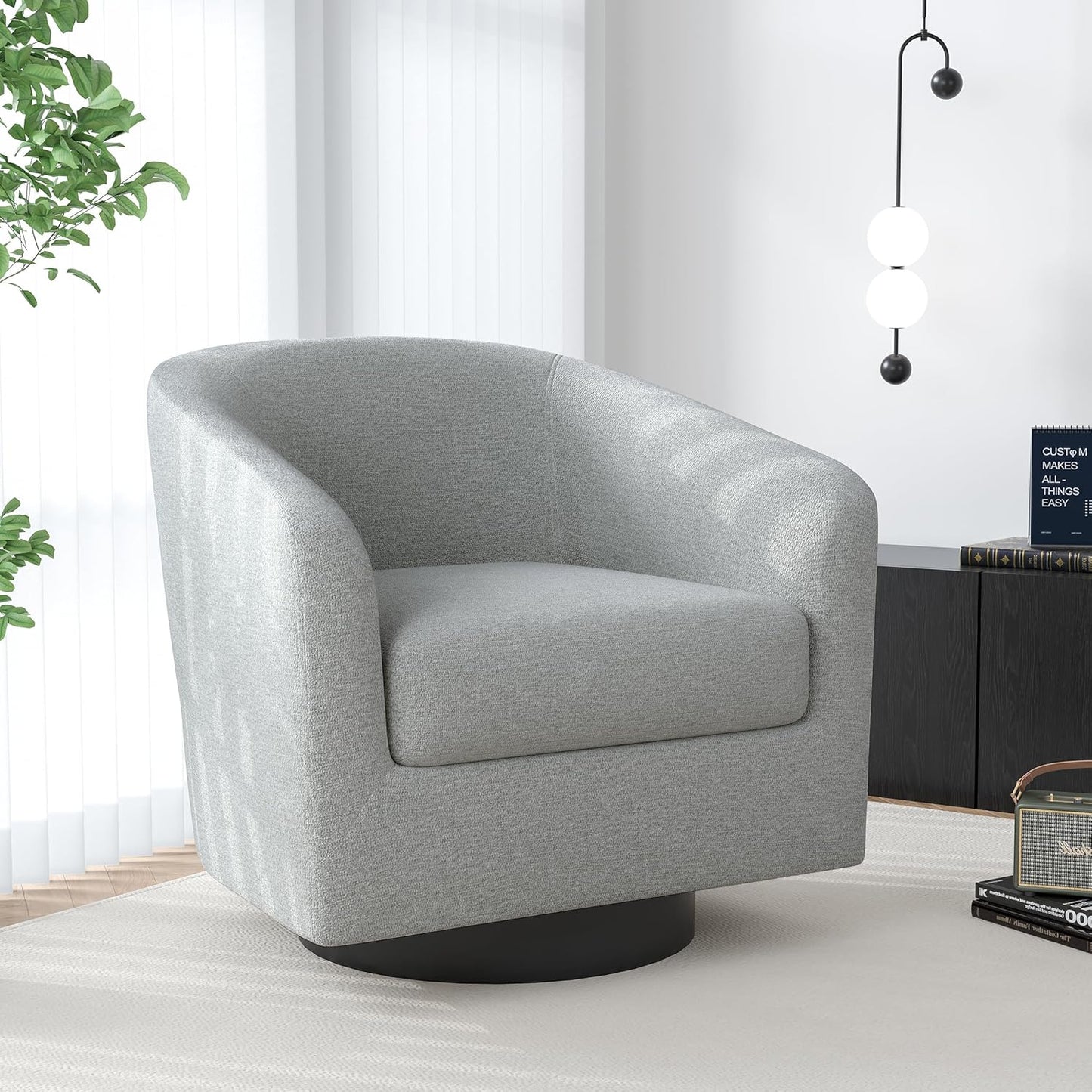 Swivel Barrel Accent Chair, Modern Round Chenille Fabric Arm Chair for Living Room, Bedroom, Comfy Club Reading Chairs for Adults（Chenille Fabric, Light Grey, Set of 4