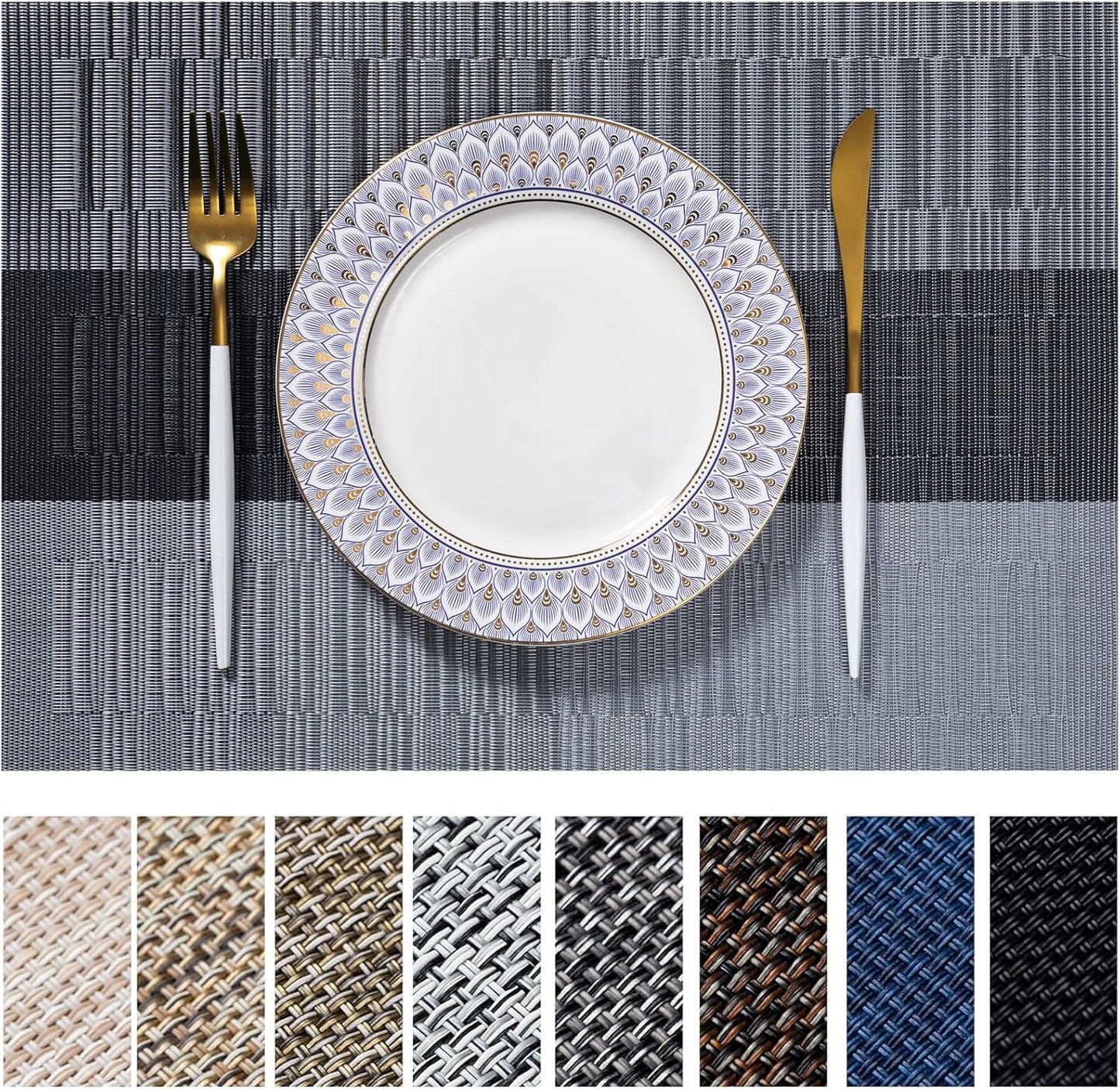 LEXMORE Placemats Set of 4 Vinyl/Plastic Woven Place Mats for Kitchen Table Indoor/Outdoor Washable Placemat Wipeable Dining Table Mats(Silver Gray Black)