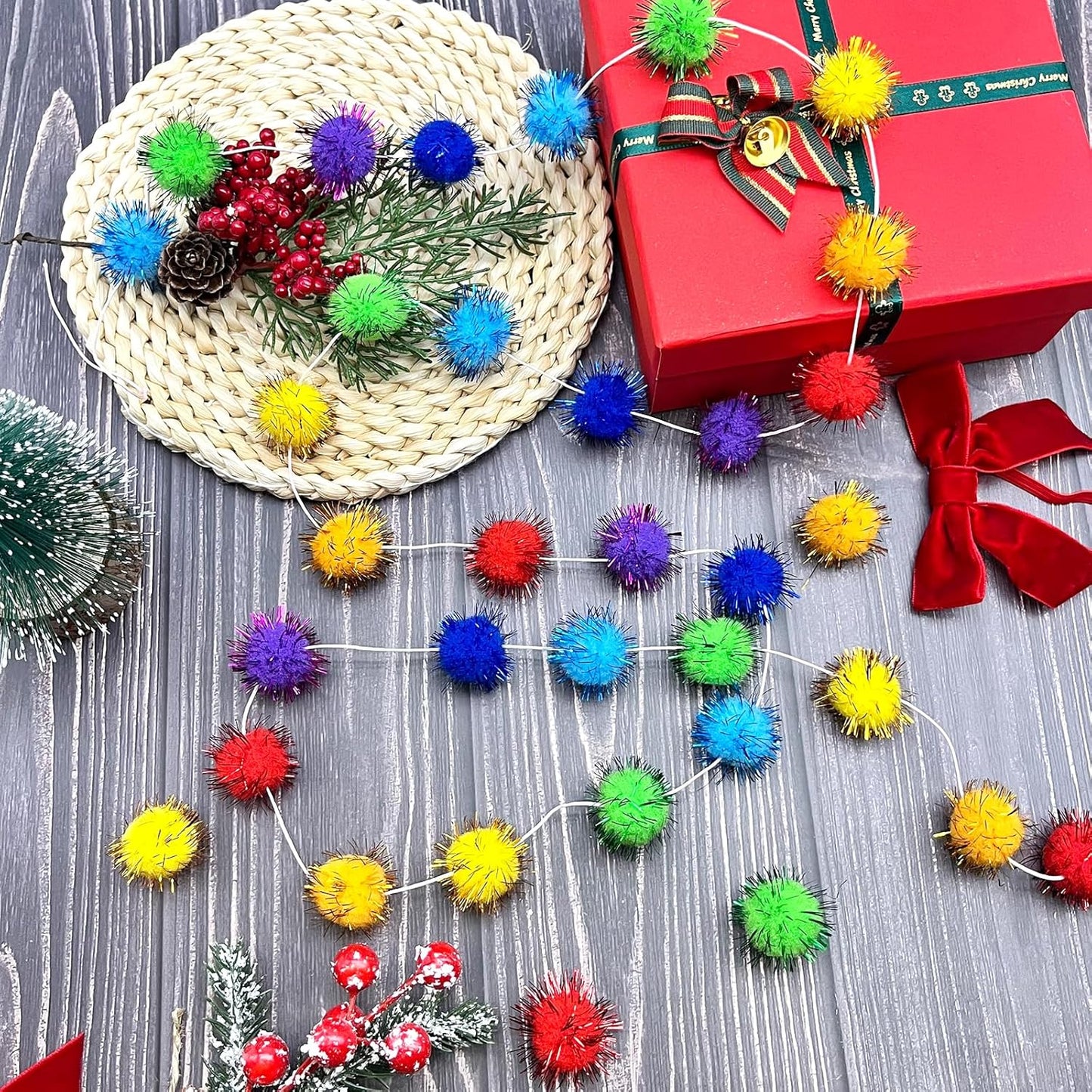 4pack Rainbow Glitter Pom Pom Garland Decorations, Christmas Felt Ball Garland for Mantle, Indoor Home Decor, Tree Ornaments, Kids Room and Party Hanging
