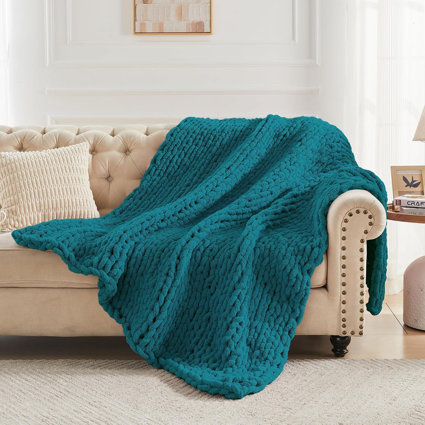 Carriediosa Chunky Knit Throw Blanket 60" X 80" Twin, 100% Hand Made Large Chenille Loop Yarn Soft Fluffy Throws for Couch Sofa Bed, Big Crochet Cozy Heavy Thick Cable Woven Blankets, Teal